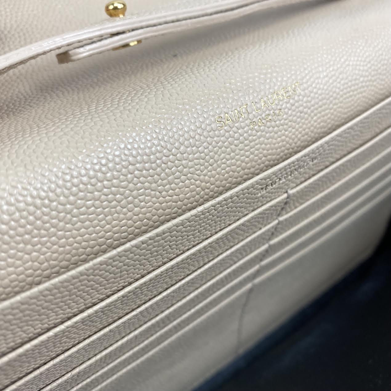 SAINT LAURENT Quilted Wallet on a Chain Beige