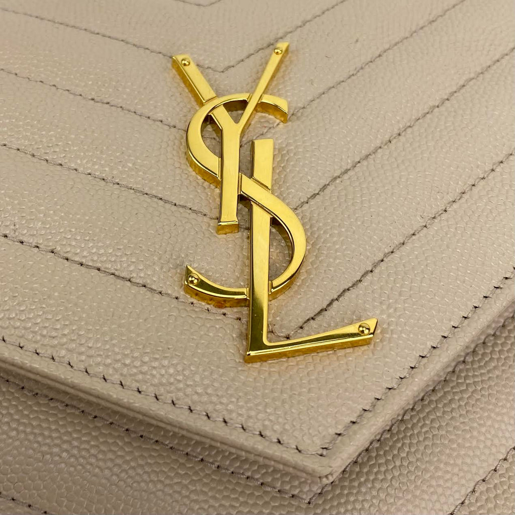 SAINT LAURENT Quilted Wallet on a Chain Beige