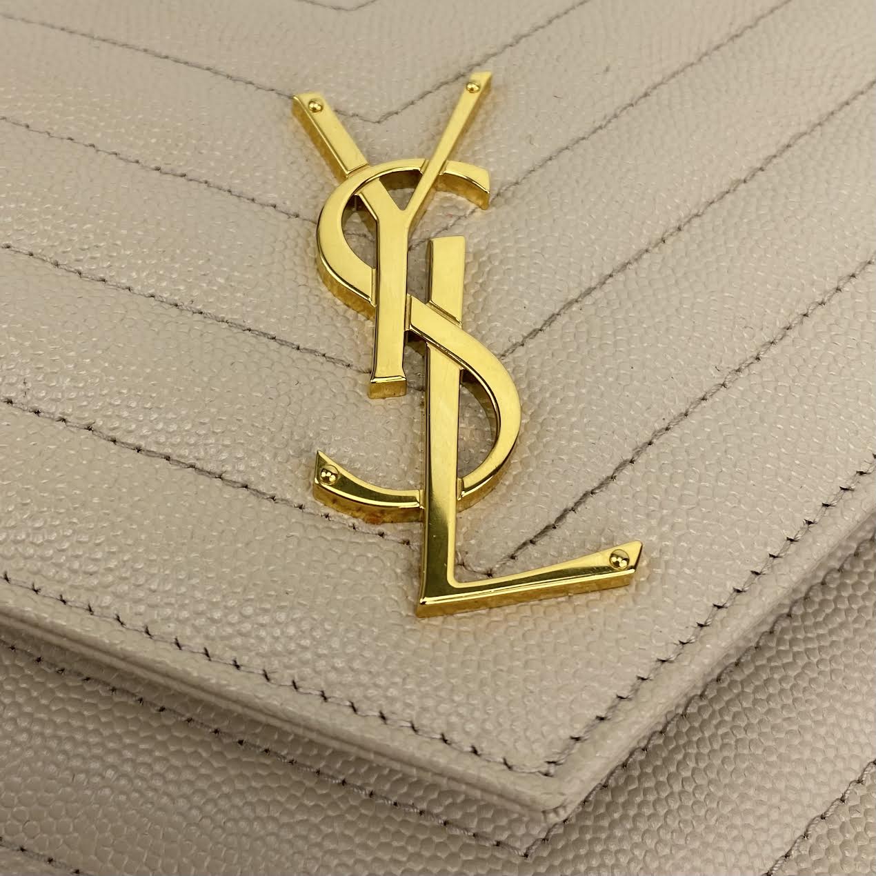 SAINT LAURENT Quilted Wallet on a Chain Beige