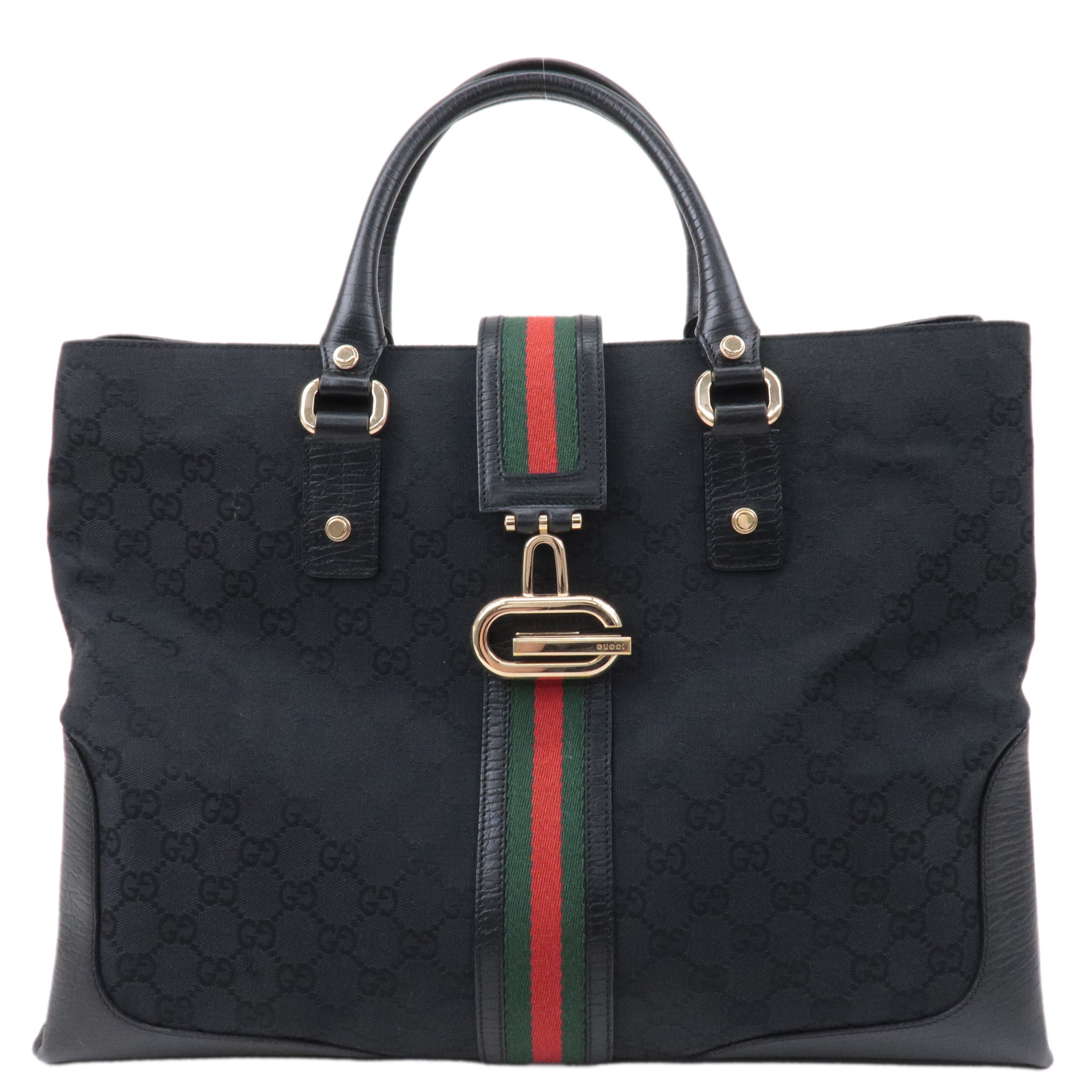 GUCCI Sherry GG Canvas Leather Tote Bag Black 130994
