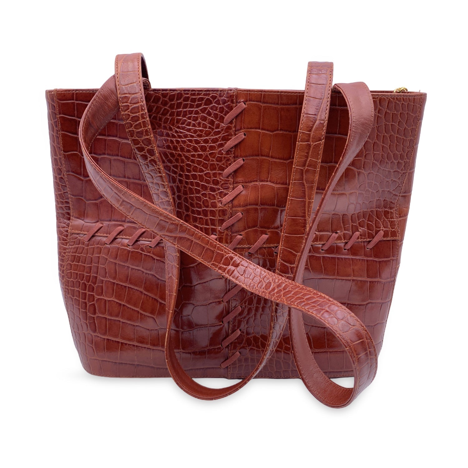 YVES SAINT LAURENT Vintage Brown Embossed Leather Stitch Tote Bag