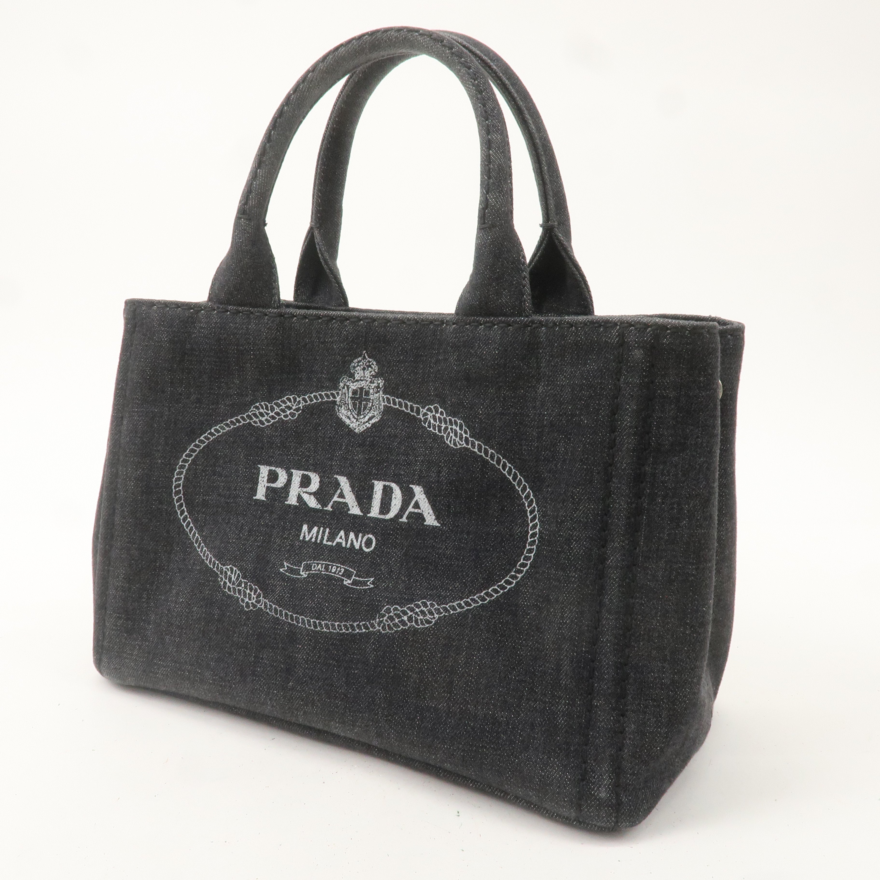 PRADA Logo Canapa Mini Canvas 2Way Hand Bag Denim Black 1BG439
