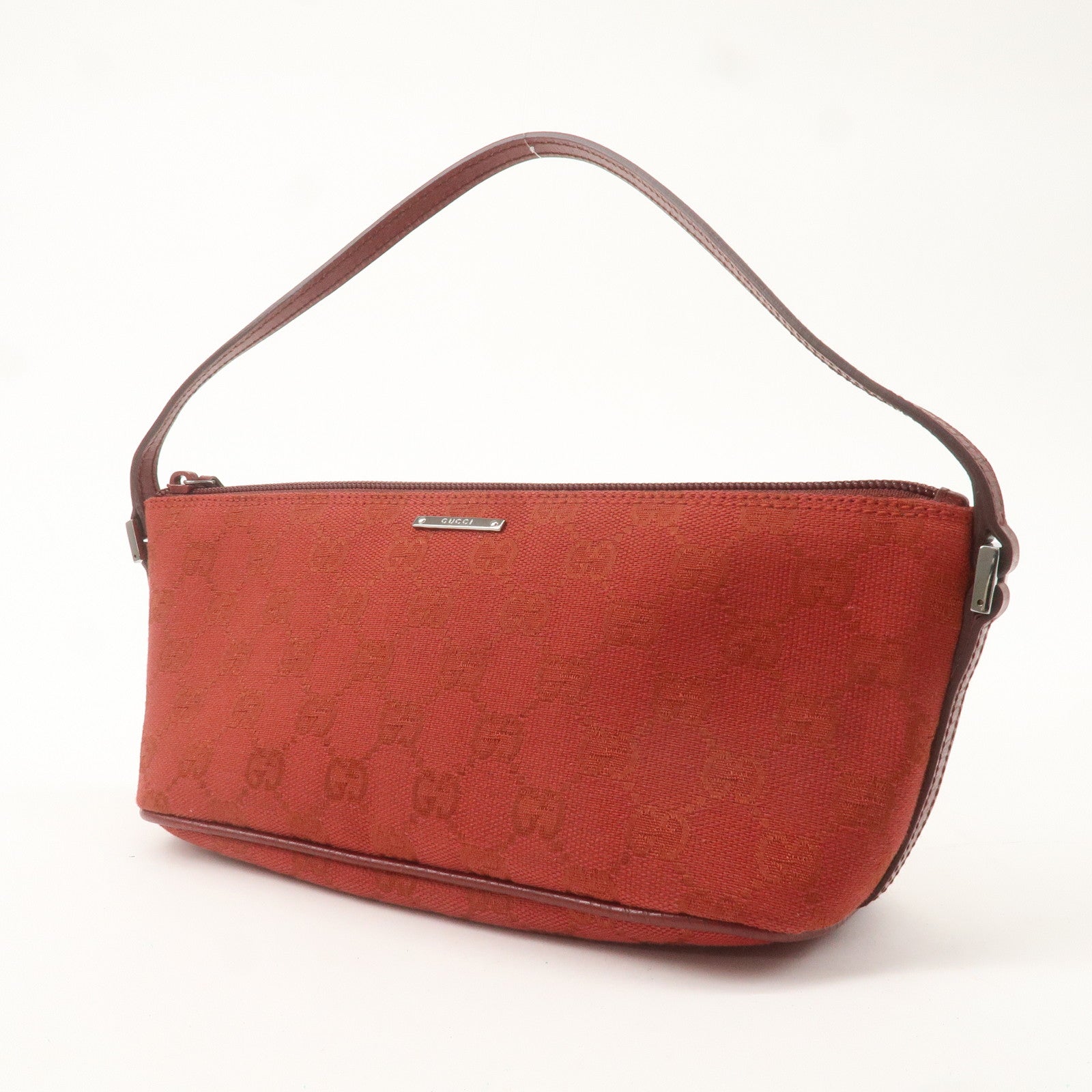 GUCCI Boat Bag GG Canvas Leather Hand Bag Pouch Red 07198