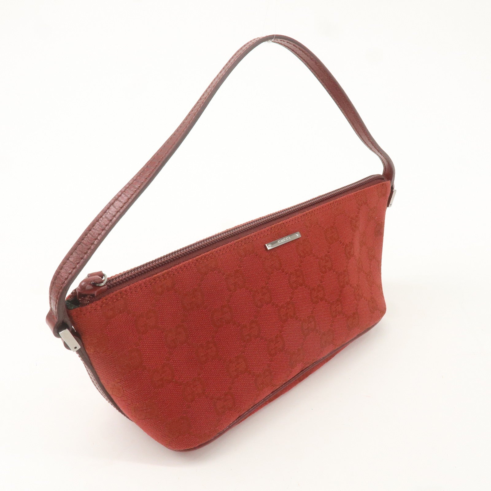 GUCCI Boat Bag GG Canvas Leather Hand Bag Pouch Red 07198