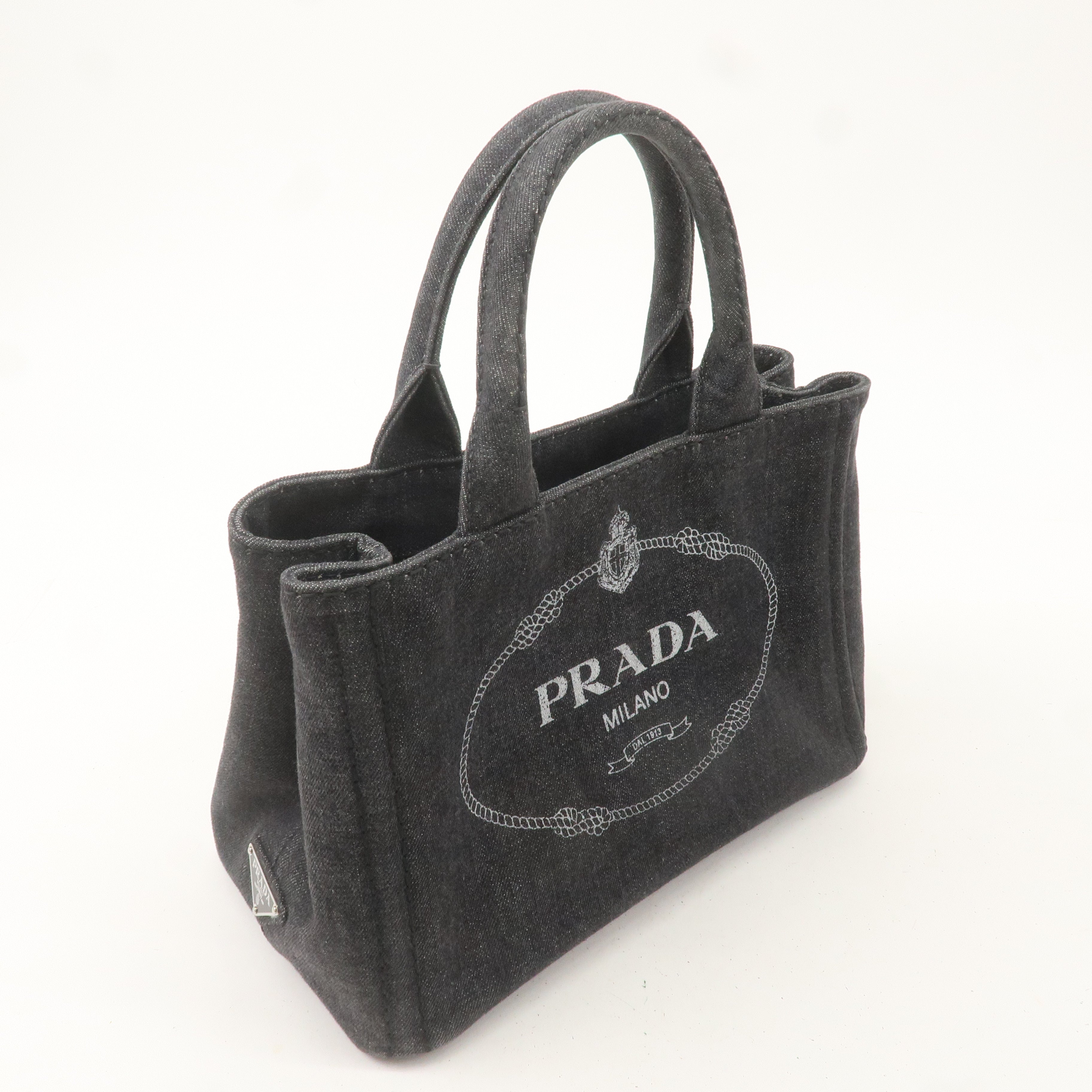 PRADA Logo Canapa Mini Canvas 2Way Hand Bag Denim Black 1BG439