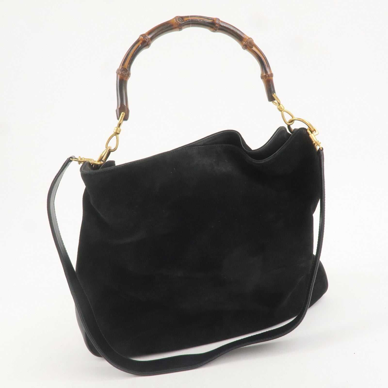 GUCCI Bamboo Suede Leather 2WAY Bag Black 001.1014.1577