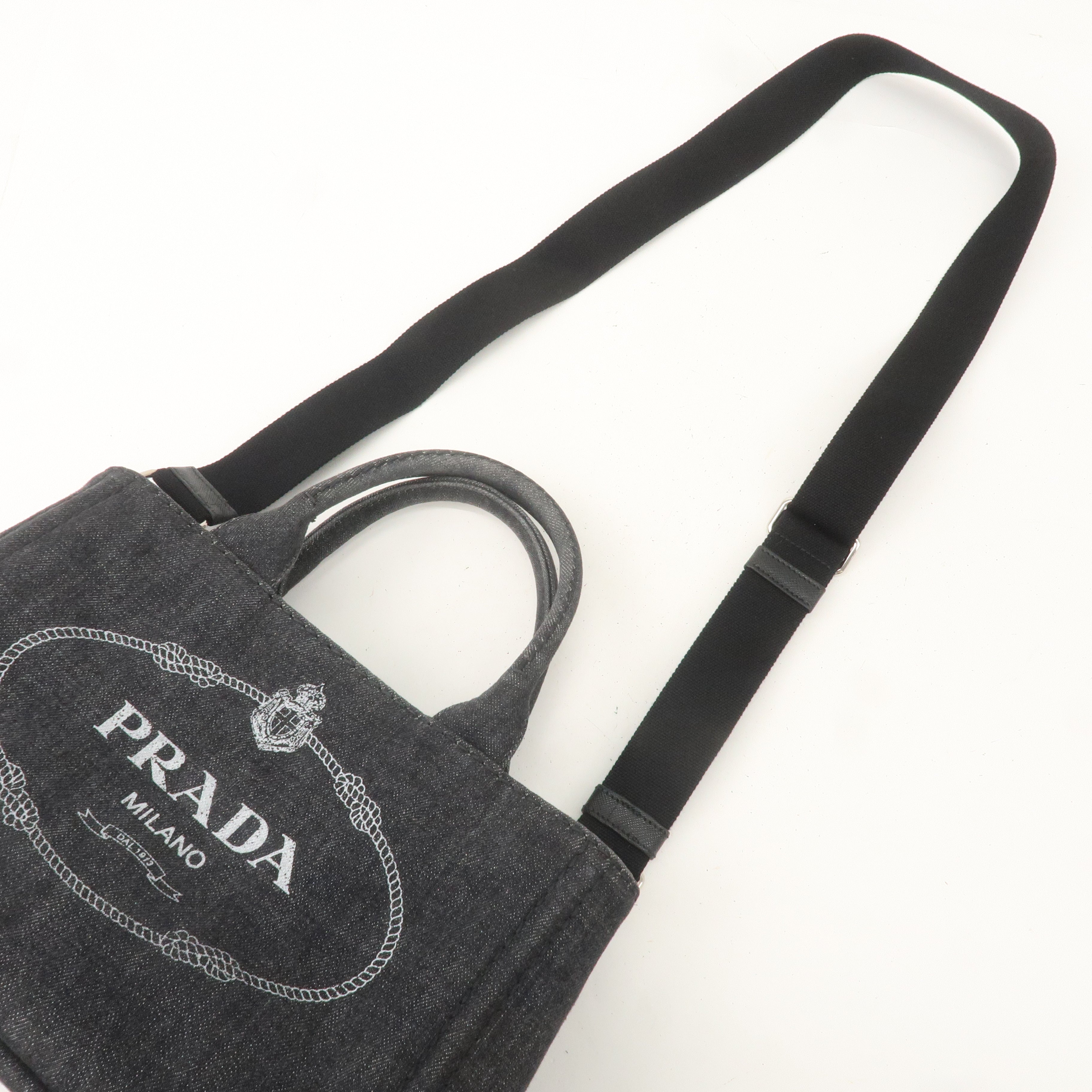 PRADA Logo Canapa Mini Canvas 2Way Hand Bag Denim Black 1BG439