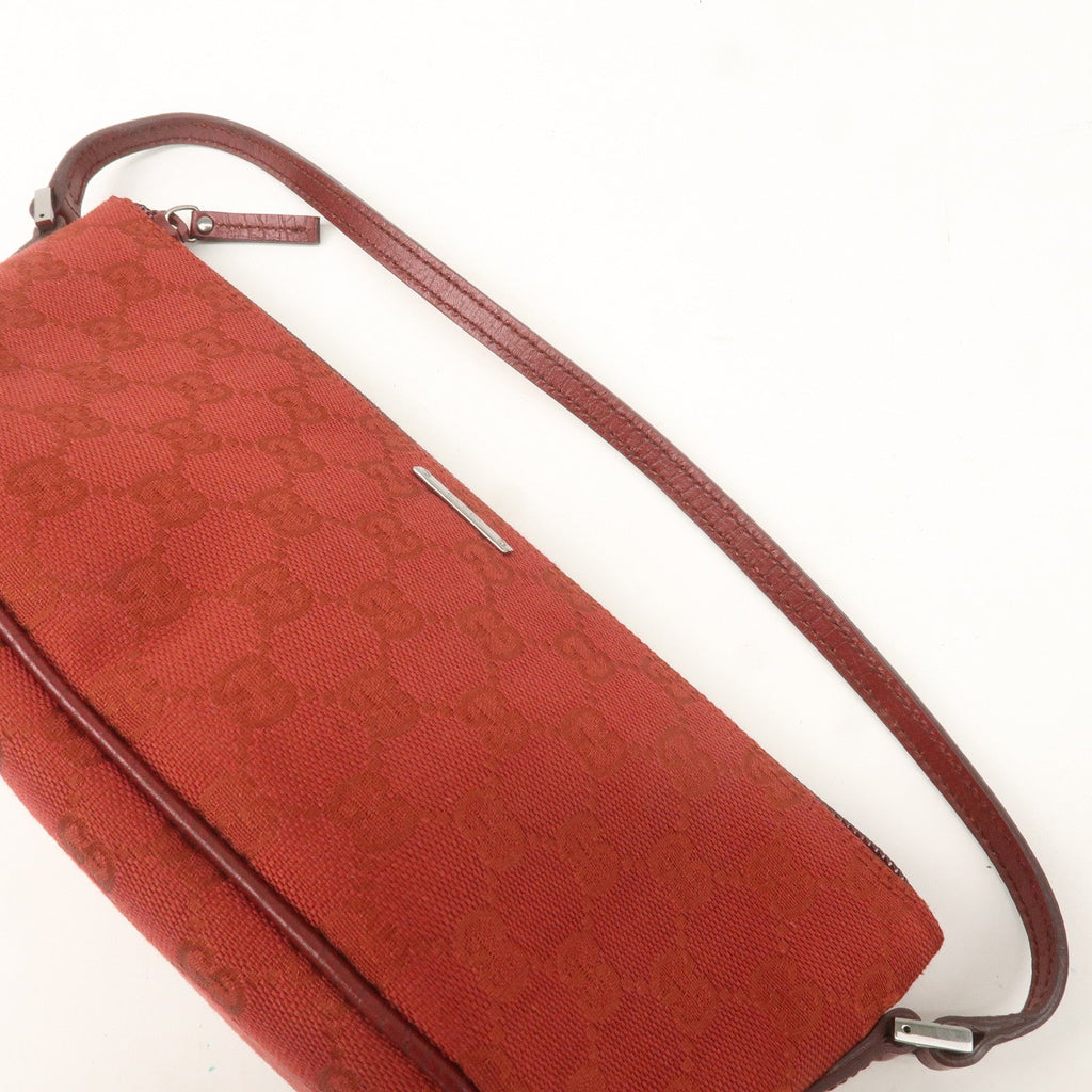 GUCCI Boat Bag GG Canvas Leather Hand Bag Pouch Red 07198
