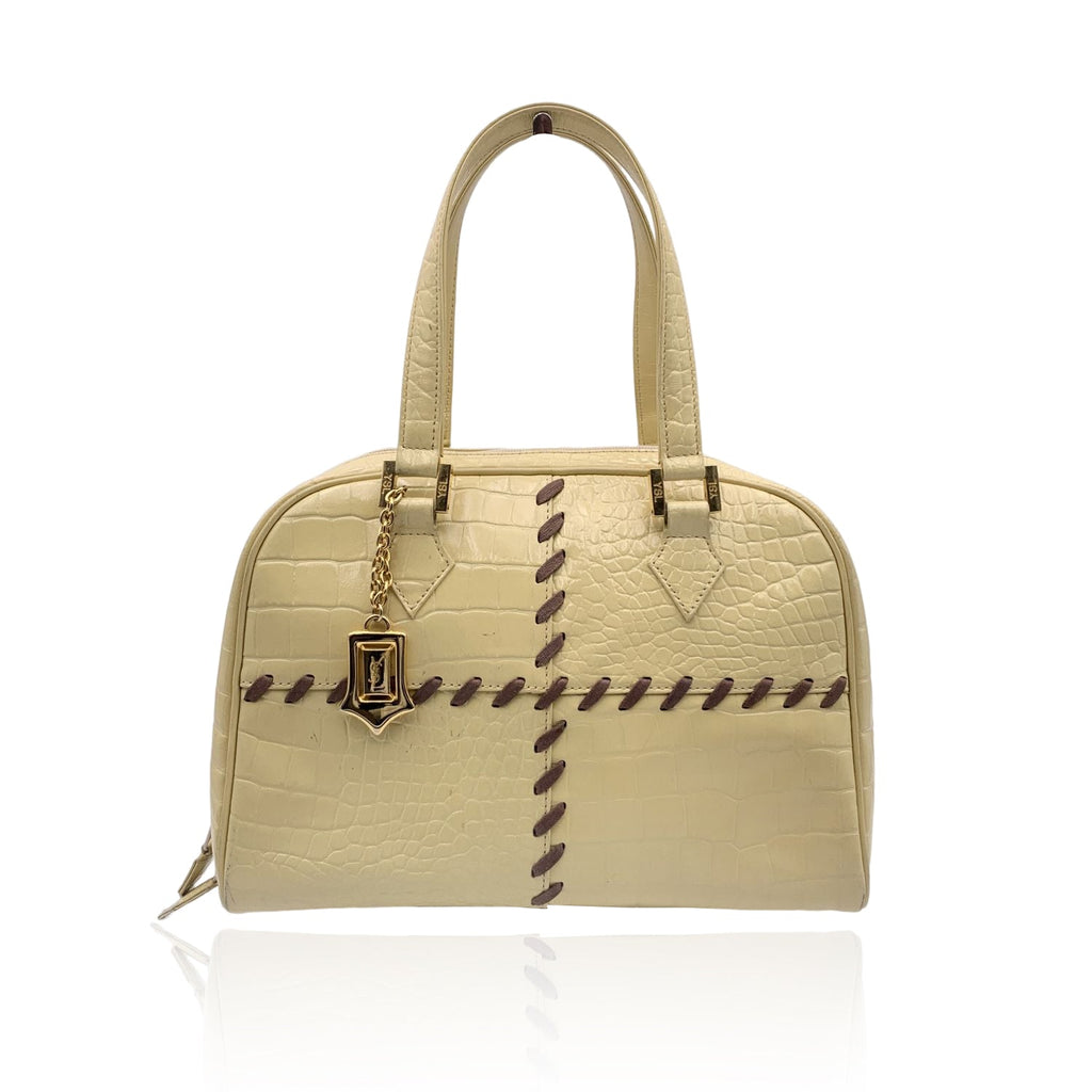 YVES SAINT LAURENT Vintage Beige Embossed Leather Bowling Bag