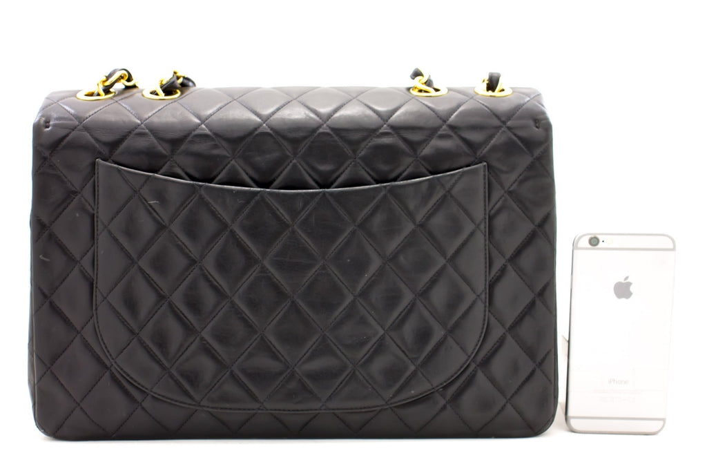 CHANEL Jumbo 13" Maxi 2.55 Flap Chain Shoulder Bag Black Lambskin d66