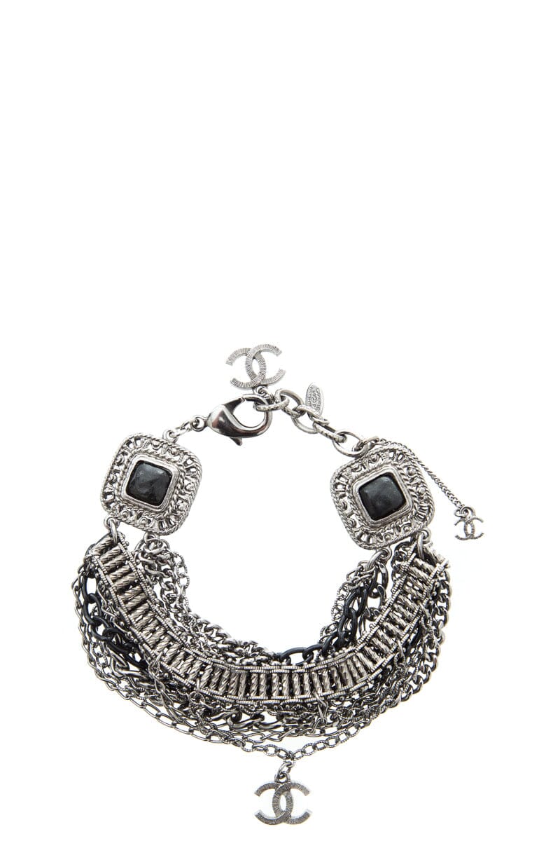 Chanel Pre-Fall 2009 Silver & Black Mutli Strand CC Logo Chain Bracelet