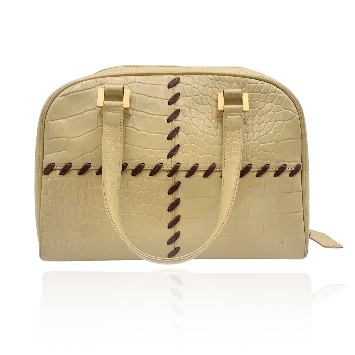 YVES SAINT LAURENT Vintage Beige Embossed Leather Bowling Bag