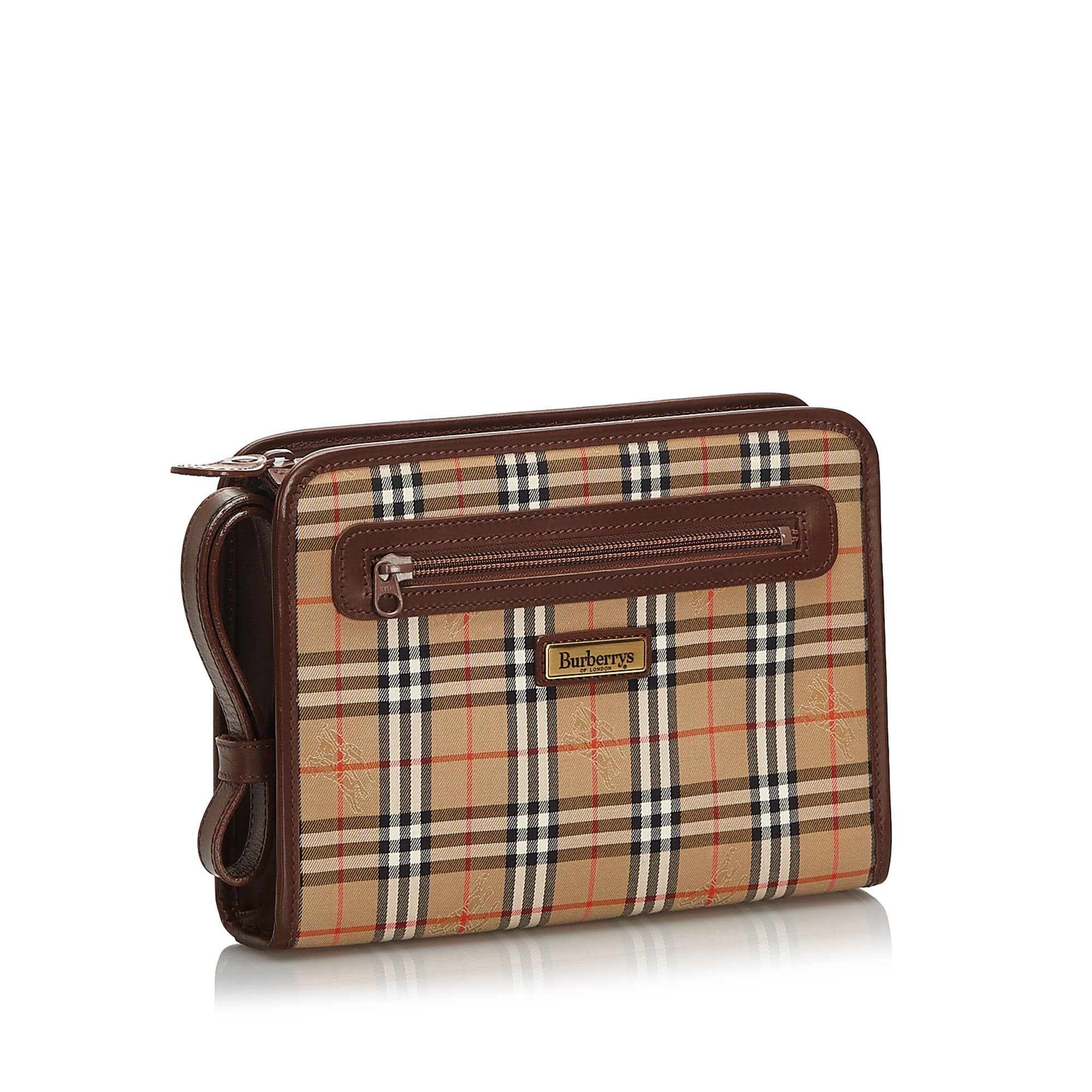 Pre-Loved Burberry Brown Canvas Fabric Haymarket Check Clutch Bag United Kingdom