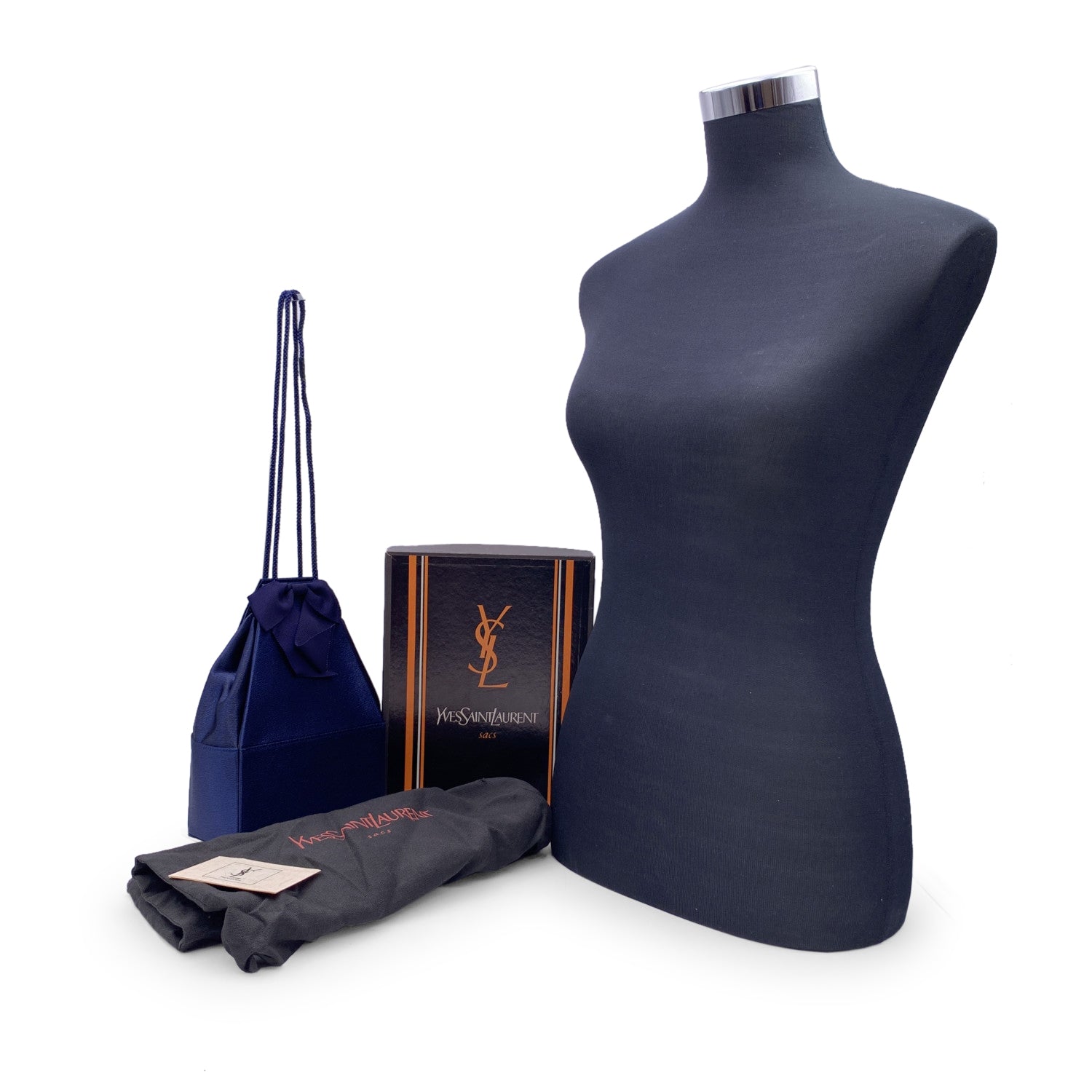 YVES SAINT LAURENT Vintage Blue Satin Shoulder Drawstring Box Bag