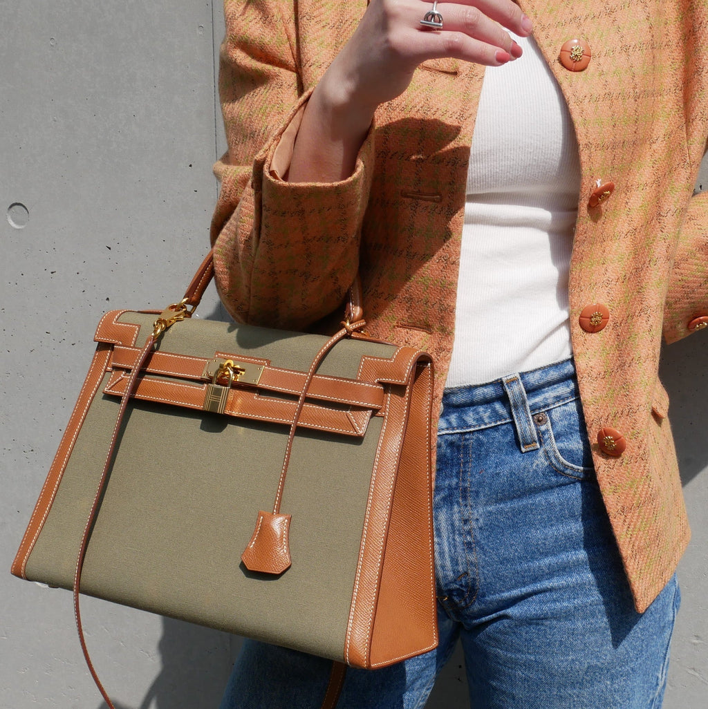 HERMES KELLY 32 SELLIER Bicolor Toile Officier Courchevel