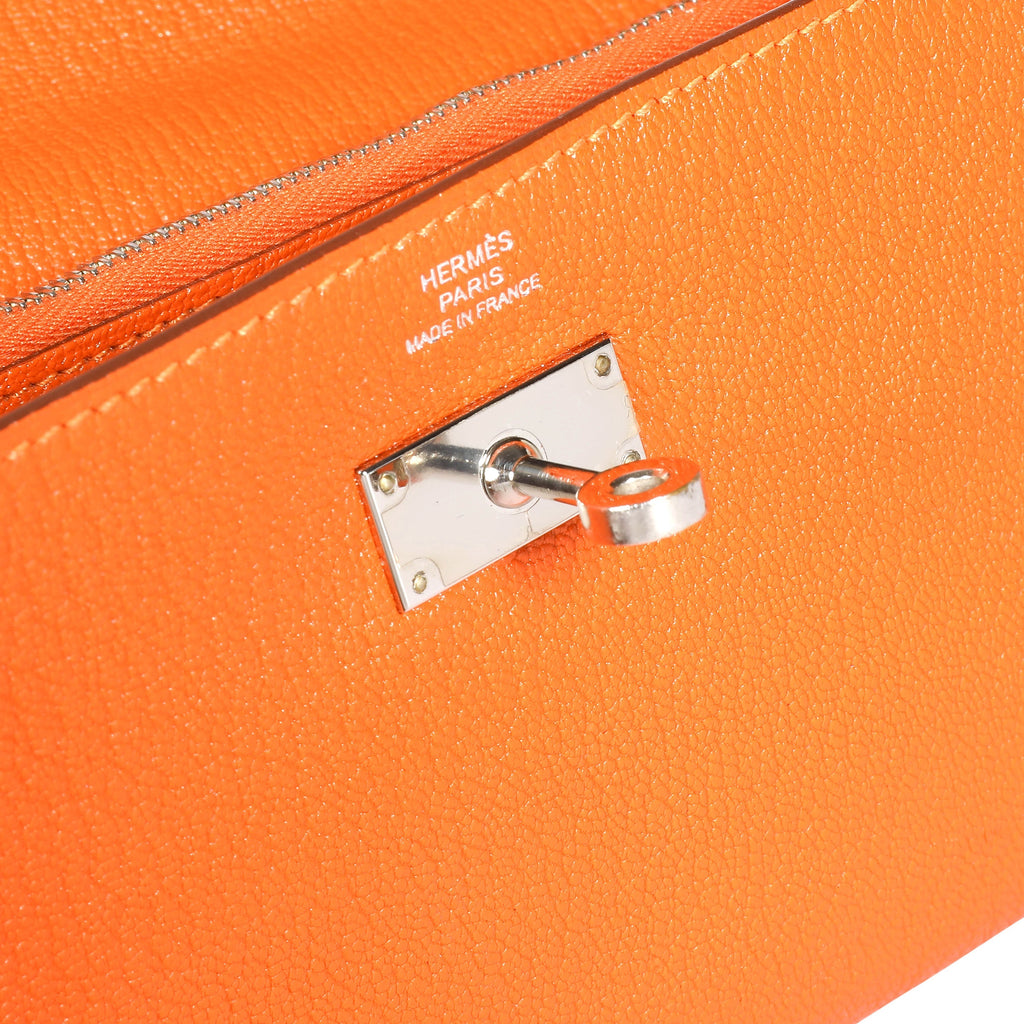 Hermès Orange Chévre Mysore Kelly Wallet with Palladium Hardware