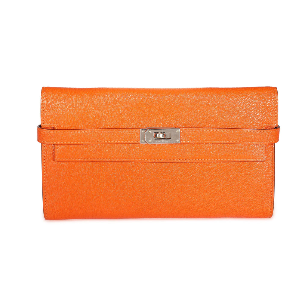 Hermès Orange Chévre Mysore Kelly Wallet with Palladium Hardware