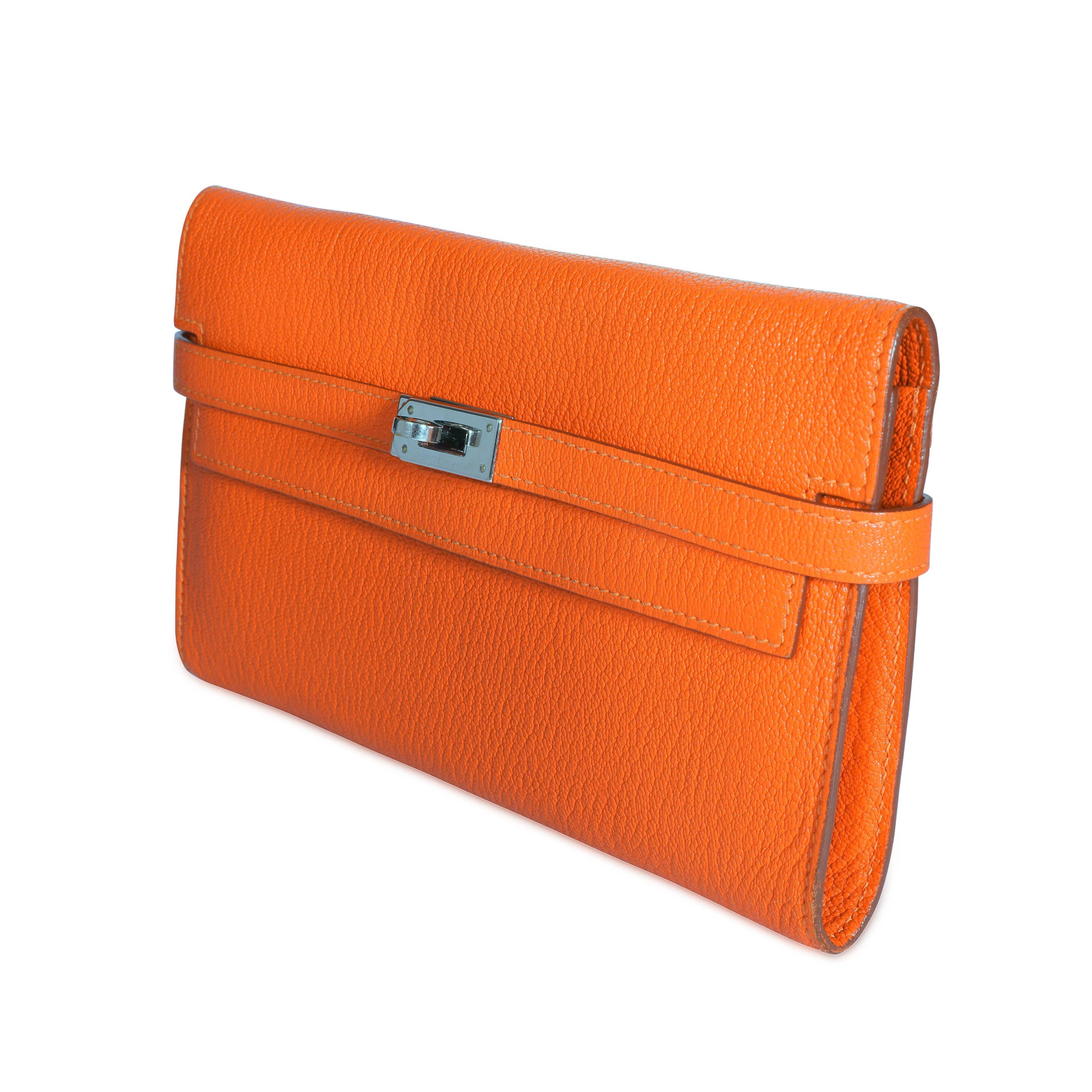 Hermès Orange Chévre Mysore Kelly Wallet with Palladium Hardware