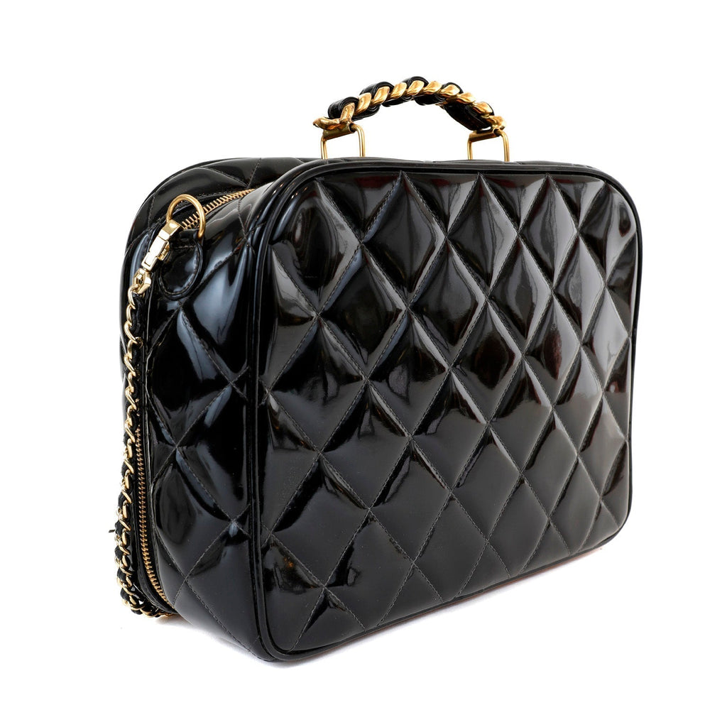 Chanel Black Patent Leather Vintage Bag with Gold Top Handle