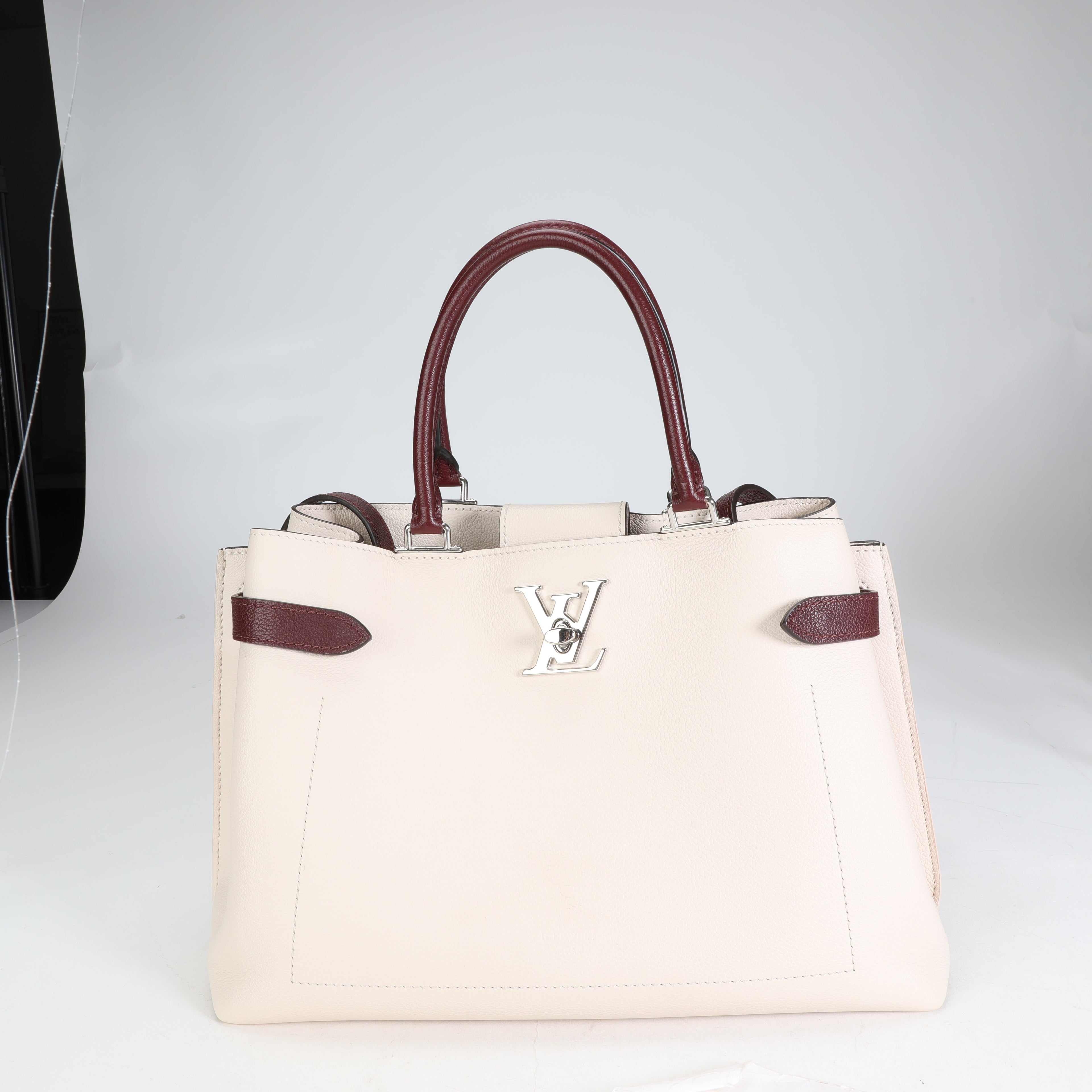 LOUIS VUITTON Cream & Burgundy Grained Calf Leather Lockme Day Bag