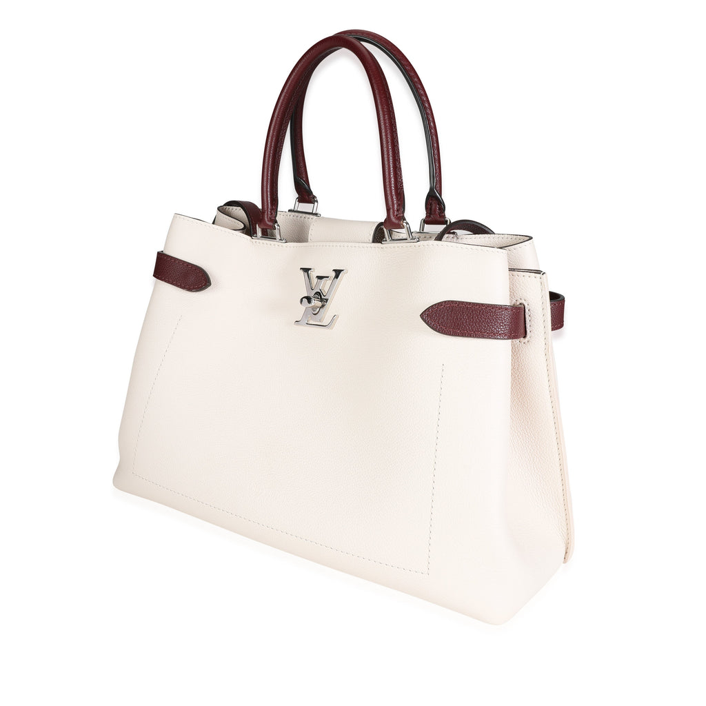 LOUIS VUITTON Cream & Burgundy Grained Calf Leather Lockme Day Bag