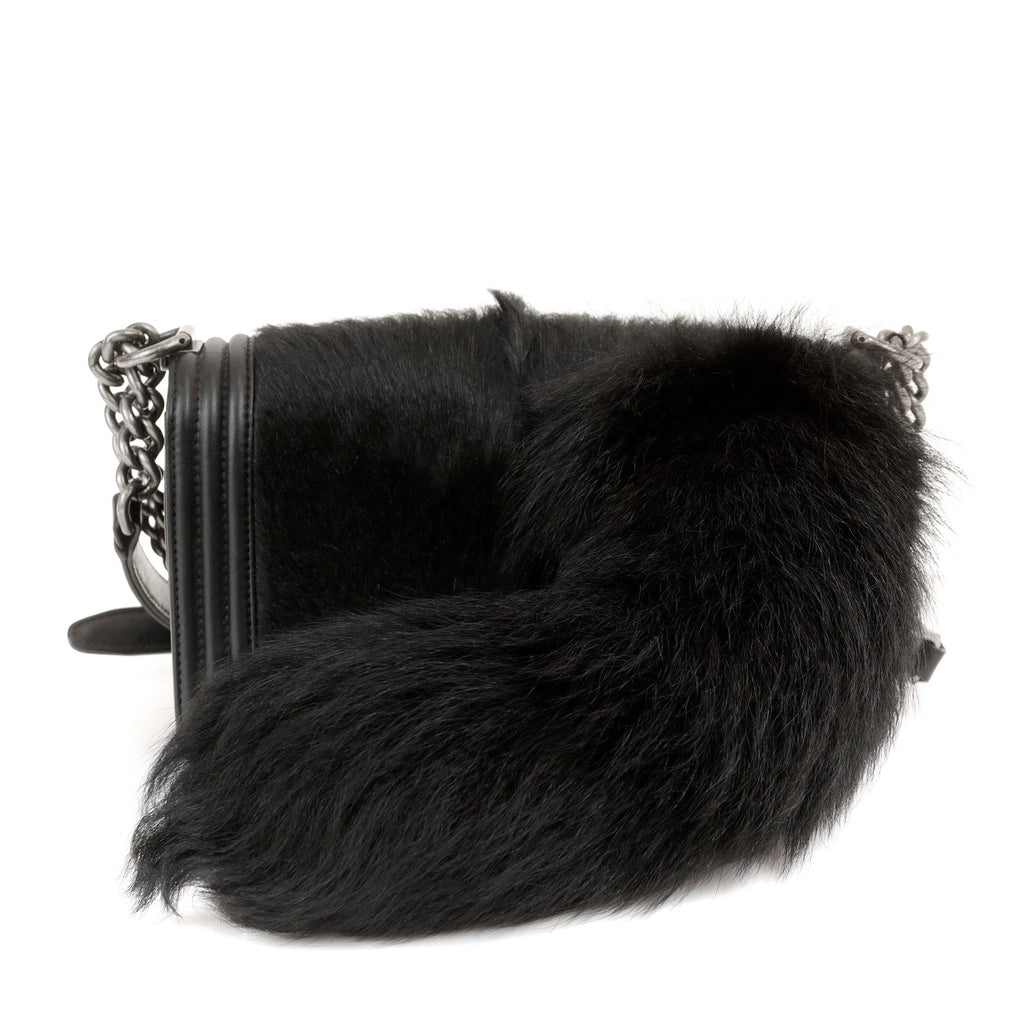 Chanel Black Fox Fur Boy Bag with Tail & Ruthenium Hardware