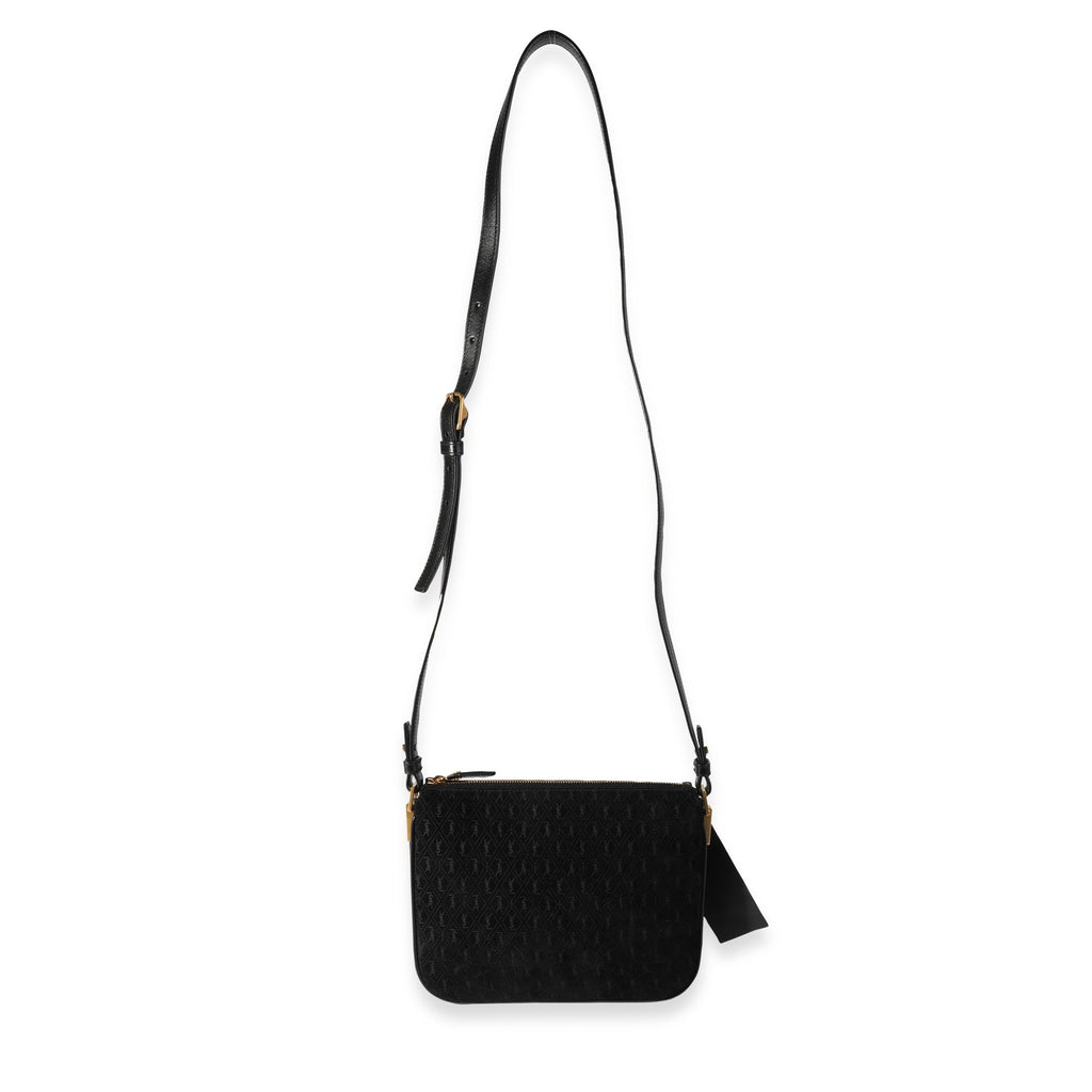 SAINT LAURENT Black Suede All Over Monogram Crossbody Bag