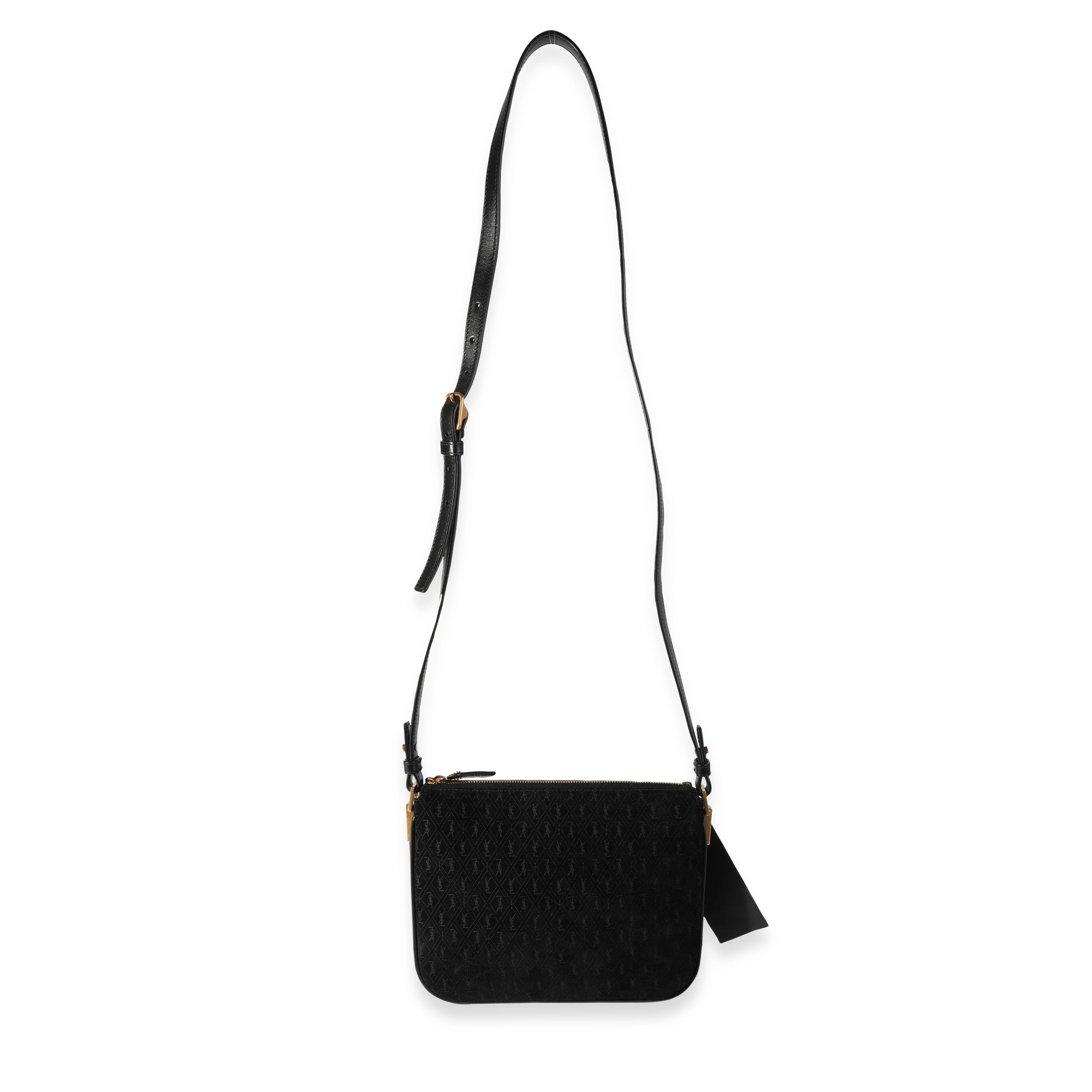 SAINT LAURENT Black Suede All Over Monogram Crossbody Bag