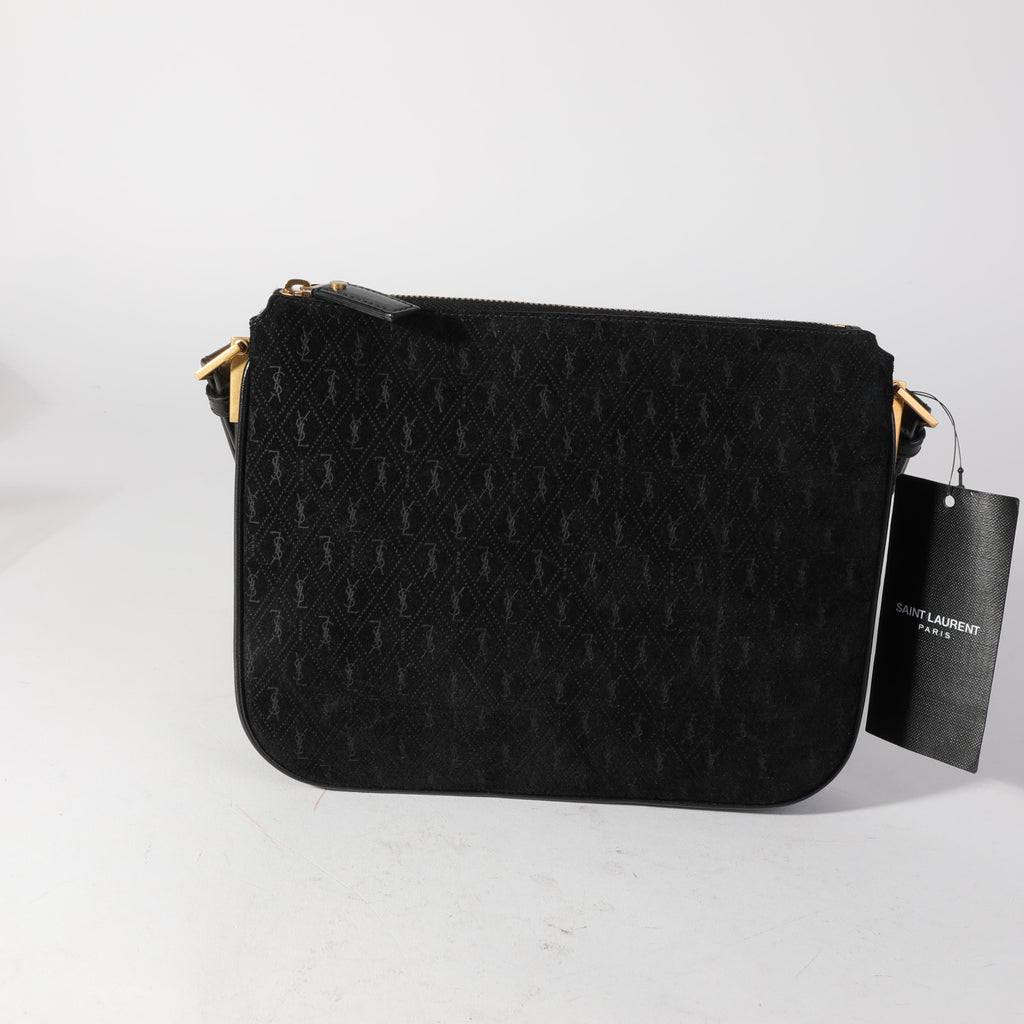SAINT LAURENT Black Suede All Over Monogram Crossbody Bag