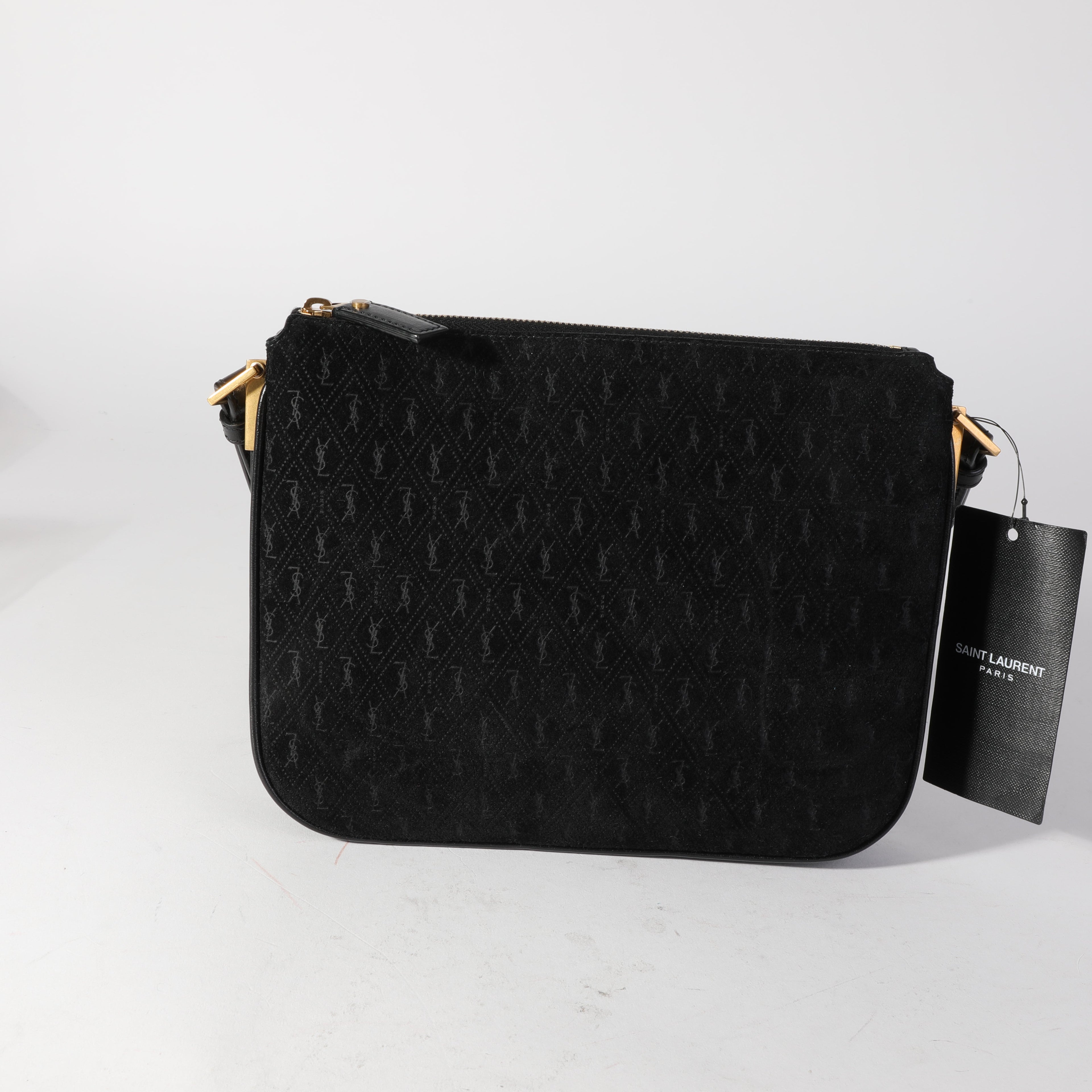 SAINT LAURENT Black Suede All Over Monogram Crossbody Bag