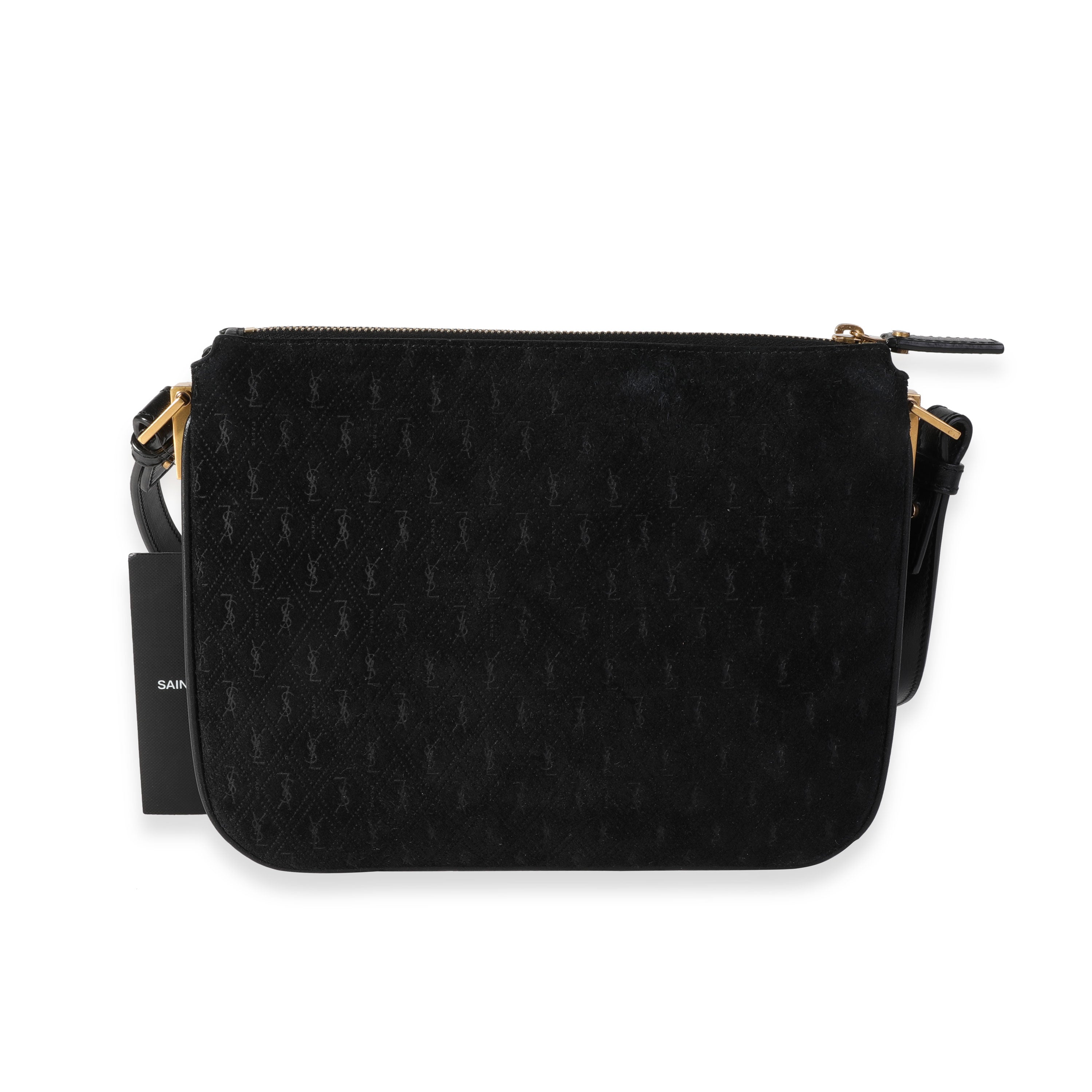 SAINT LAURENT Black Suede All Over Monogram Crossbody Bag