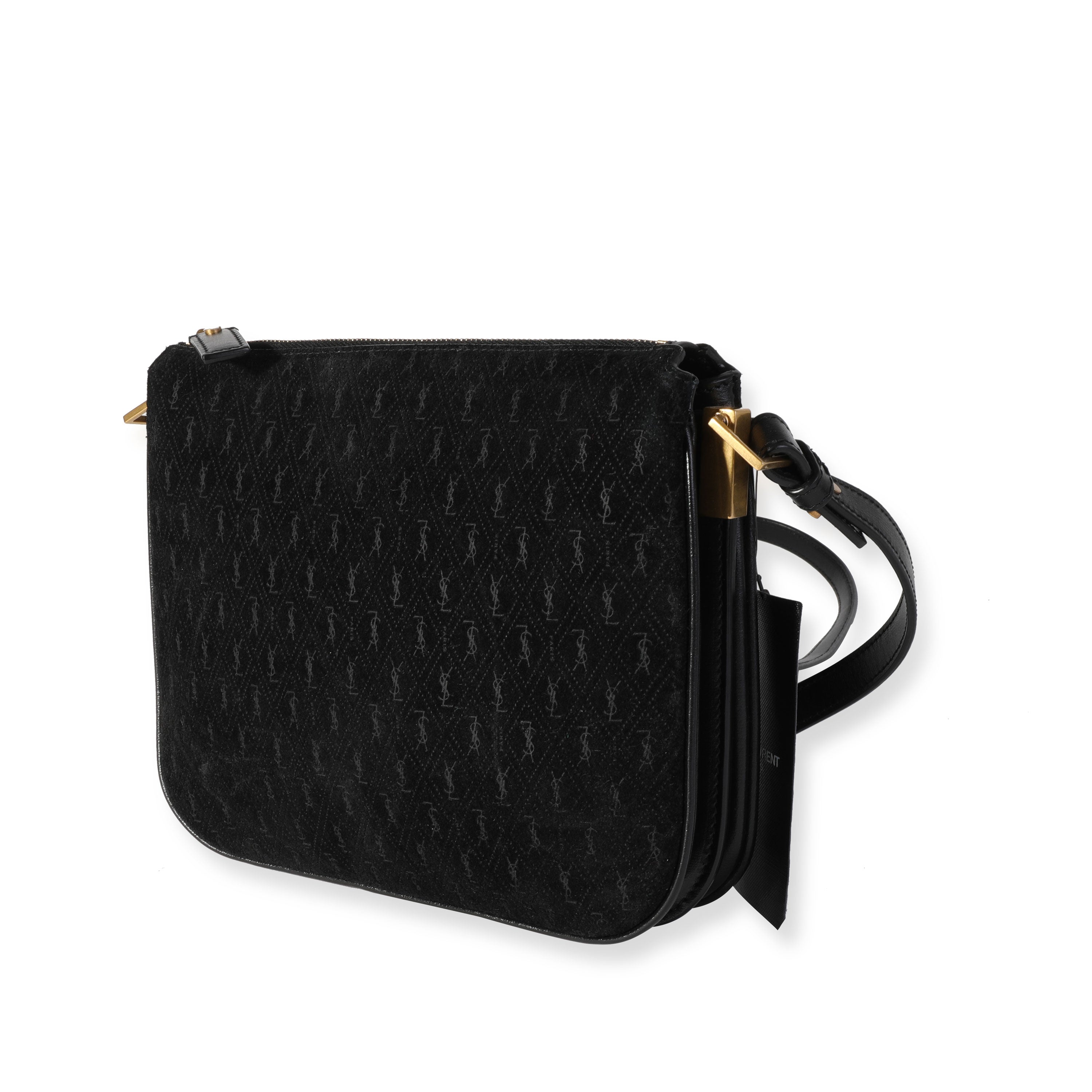 SAINT LAURENT Black Suede All Over Monogram Crossbody Bag