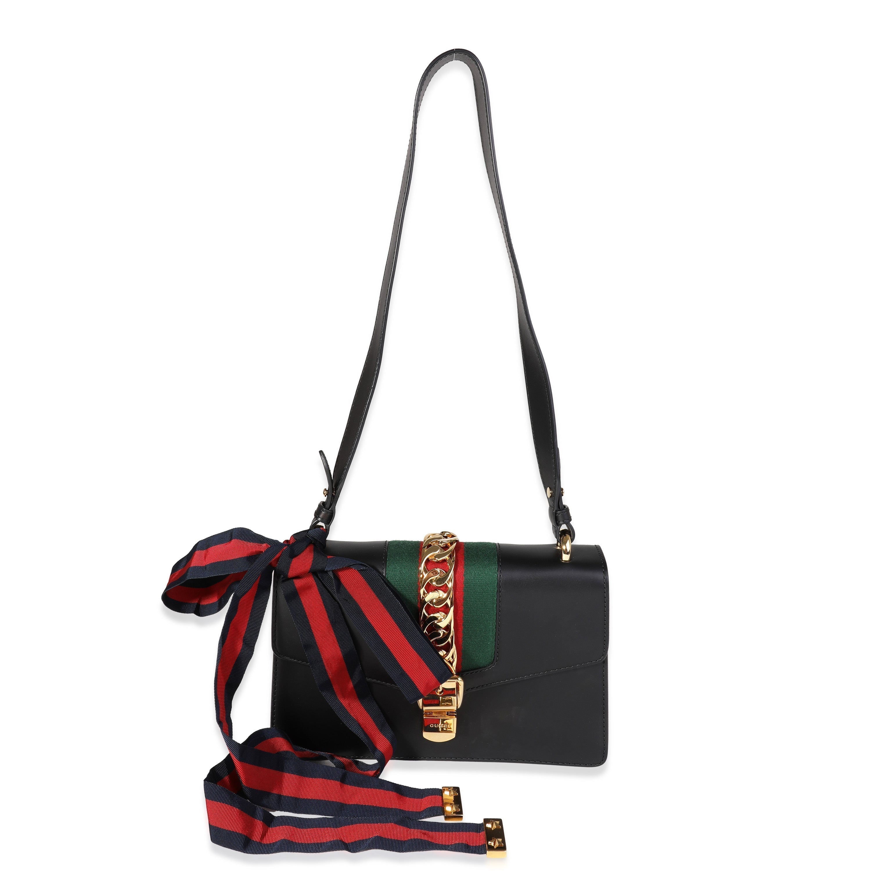 Gucci Black Smooth Leather & Web Small Sylvie Shoulder Bag