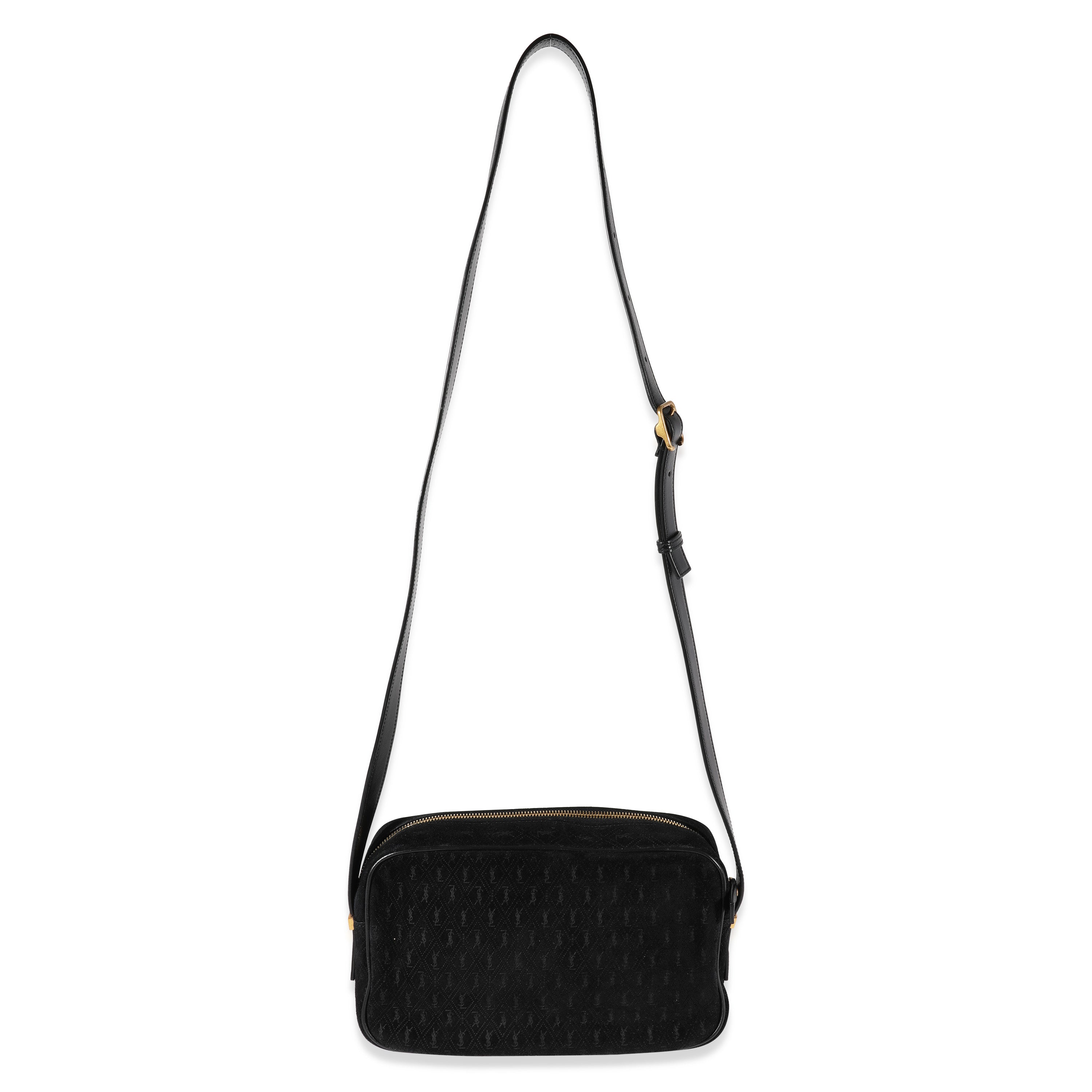 SAINT LAURENT Black Suede & Leather All-Over Monogram Camera Bag