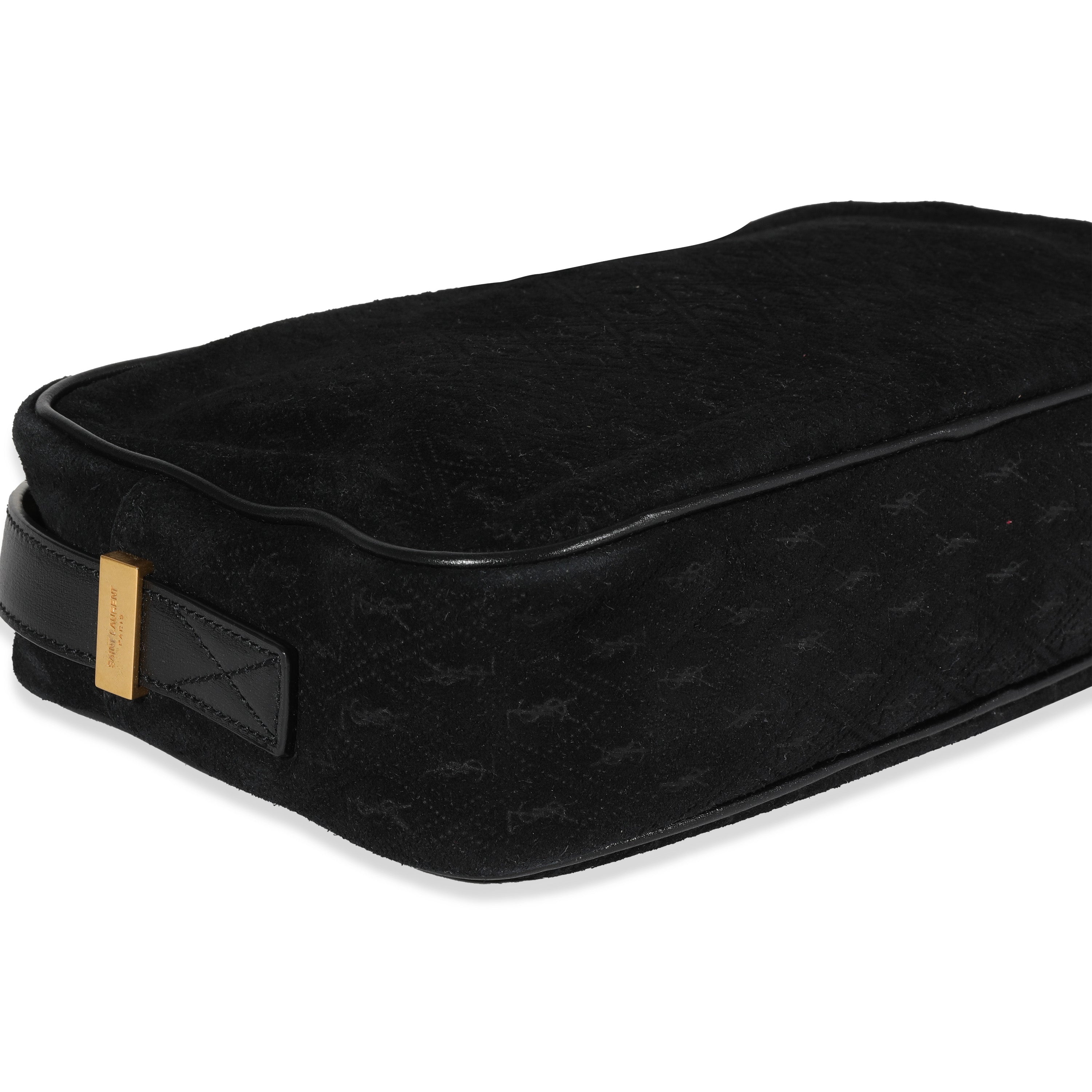 SAINT LAURENT Black Suede & Leather All-Over Monogram Camera Bag