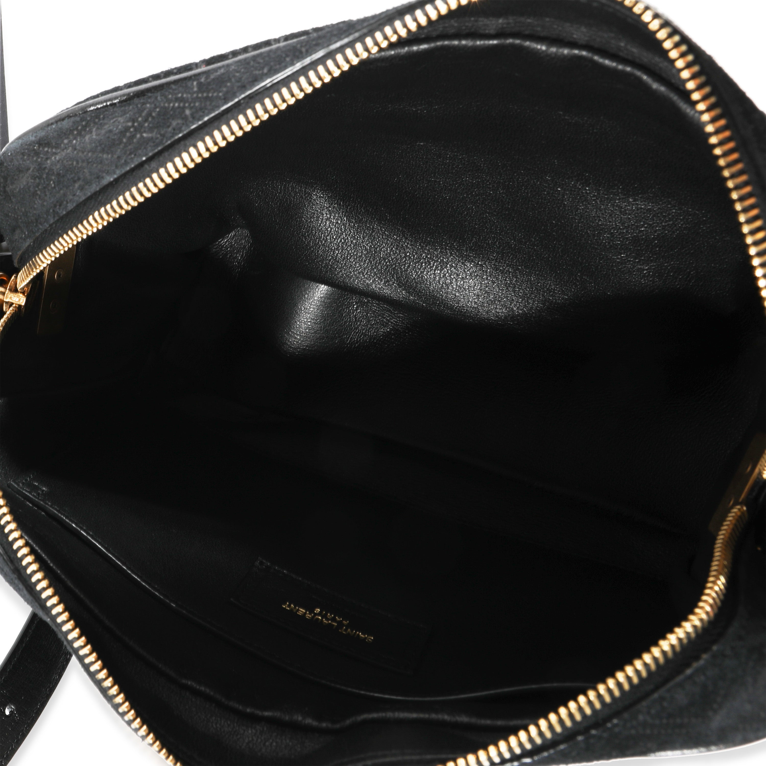 SAINT LAURENT Black Suede & Leather All-Over Monogram Camera Bag