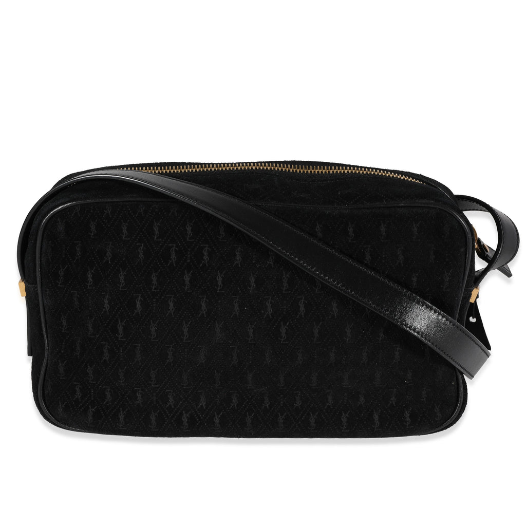 SAINT LAURENT Black Suede & Leather All-Over Monogram Camera Bag