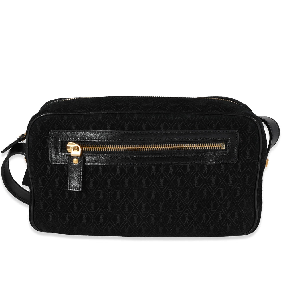 SAINT LAURENT Black Suede & Leather All-Over Monogram Camera Bag