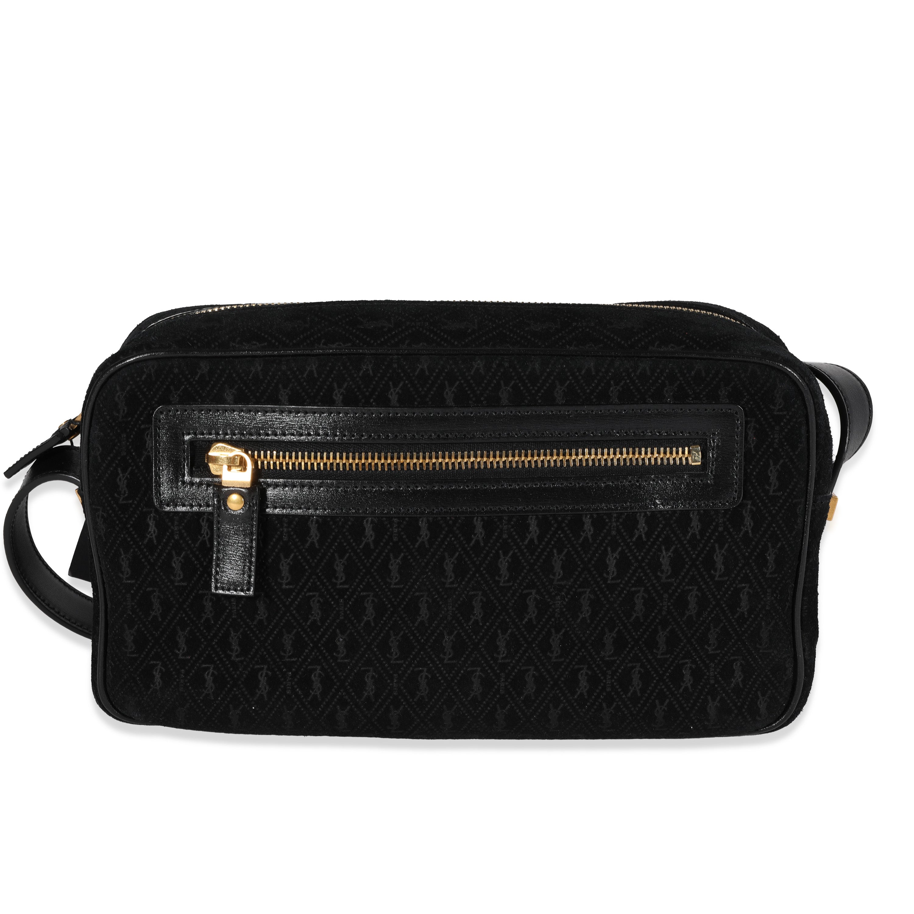 SAINT LAURENT Black Suede & Leather All-Over Monogram Camera Bag