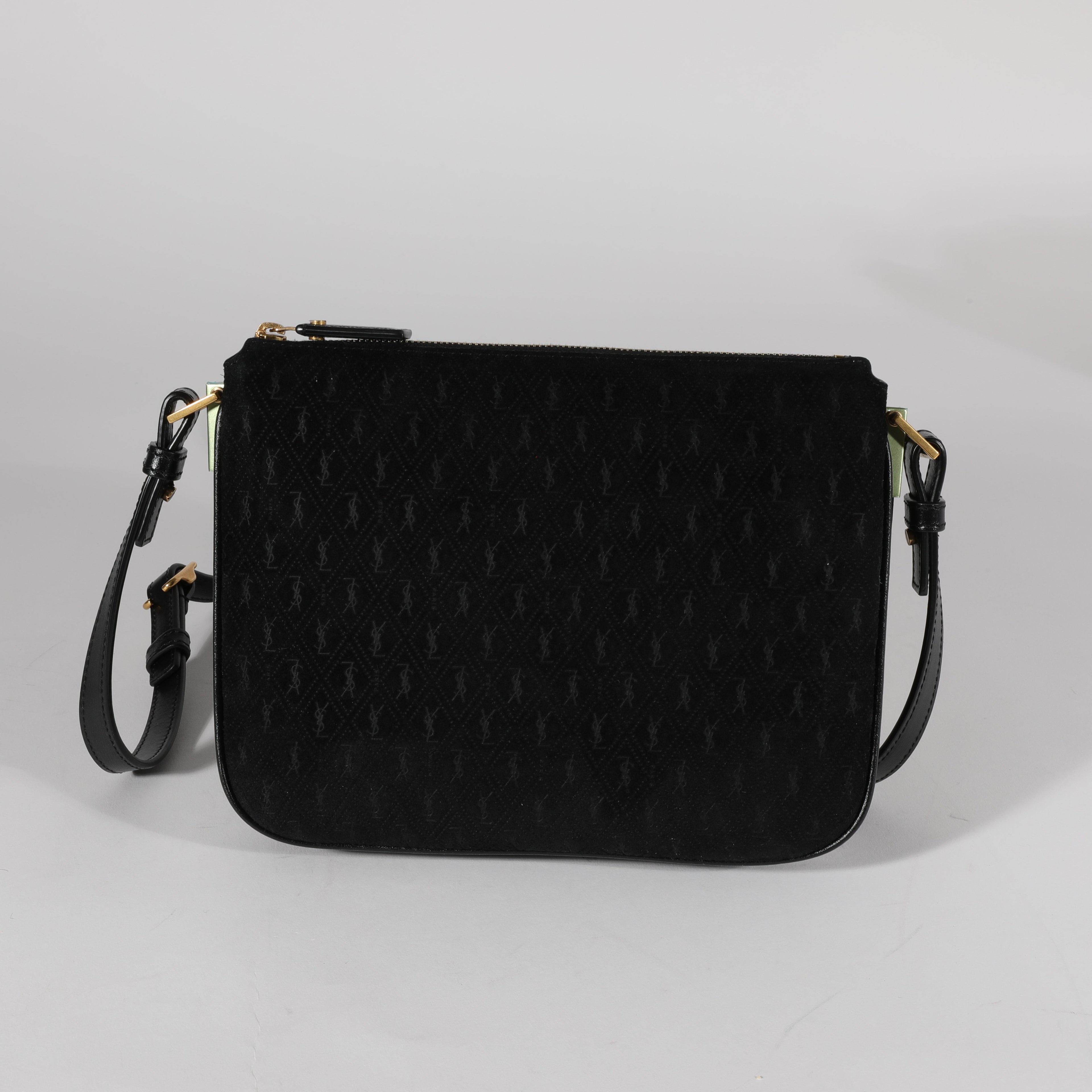 SAINT LAURENT Black Suede & Leather All-Over Monogram Bag