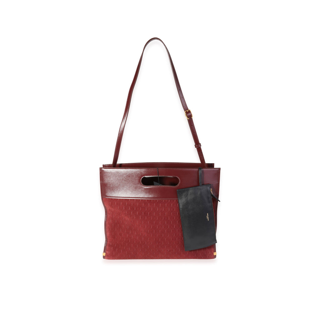 SAINT LAURENT Rouge Suede & Leather All-Over Monogram Tote