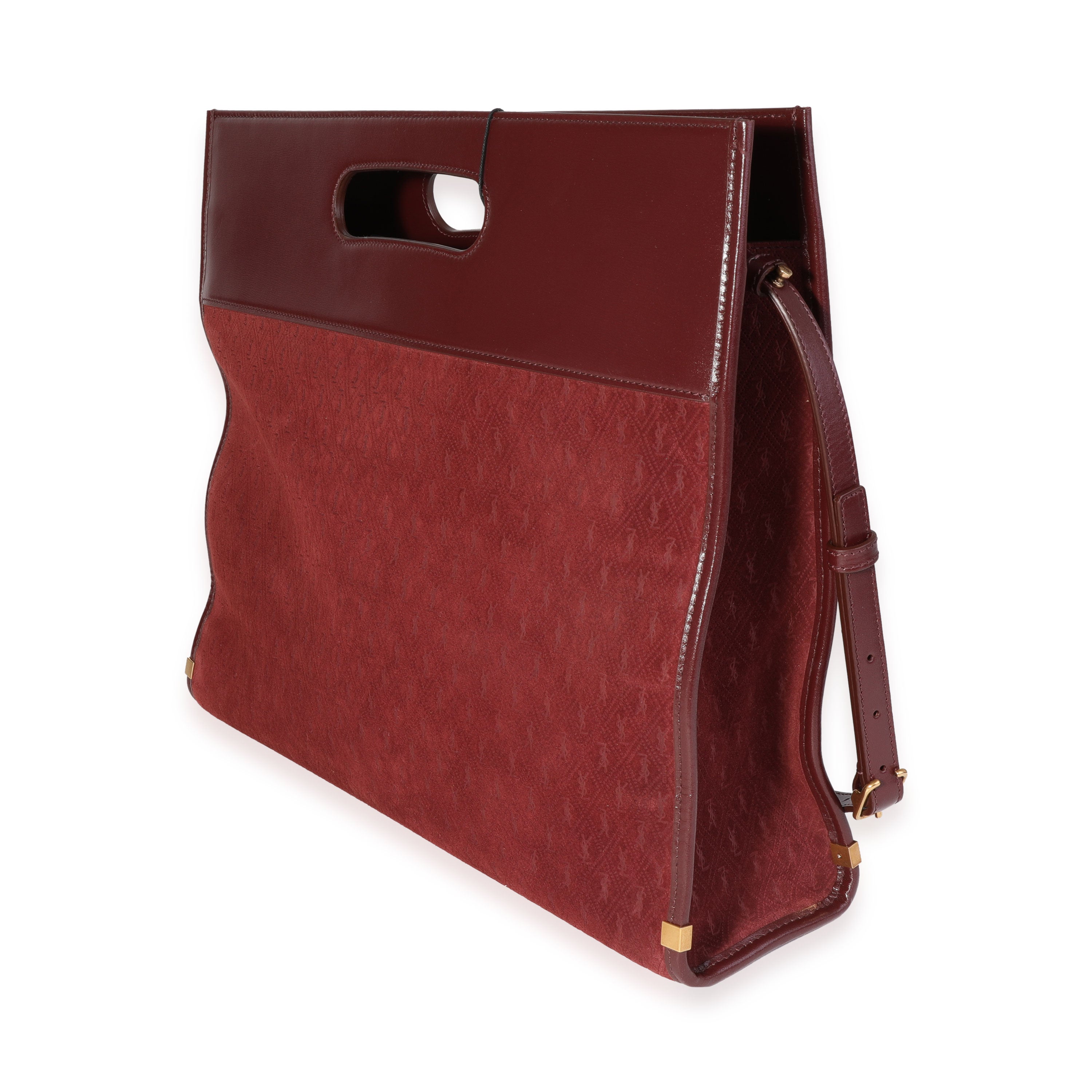 SAINT LAURENT Rouge Suede & Leather All-Over Monogram Tote