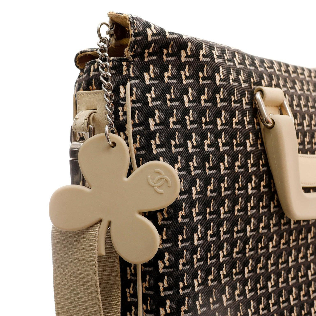Chanel Black & Beige Canvas Tote w/ Clover Charm