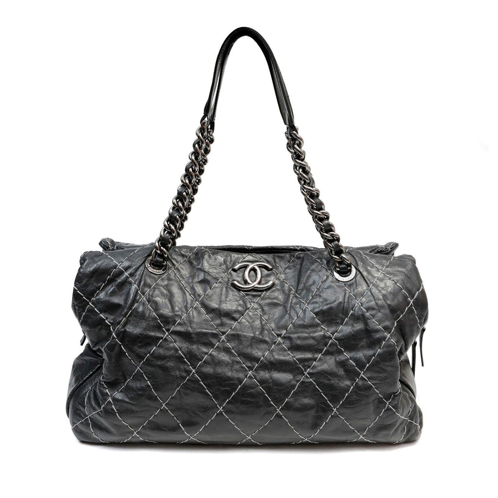 Chanel Slate Topstitched Distressed Leather Large Tote