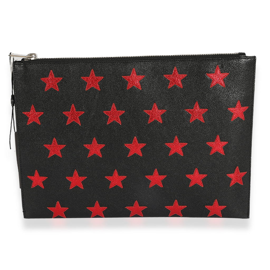 SAINT LAURENT Black & Red Leather Star Clutch