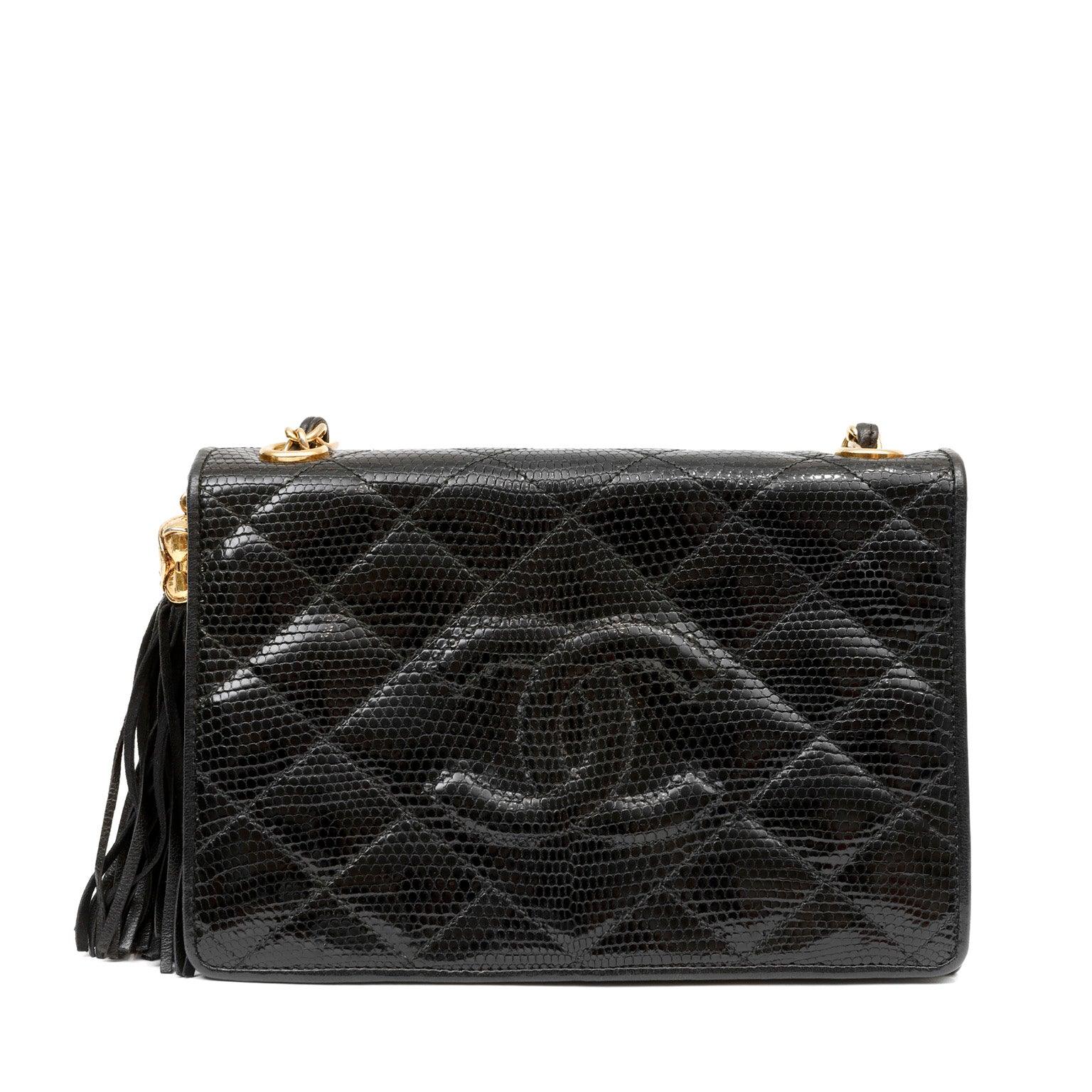 Chanel Vintage Black Lizard Crossbody Tassel Bag