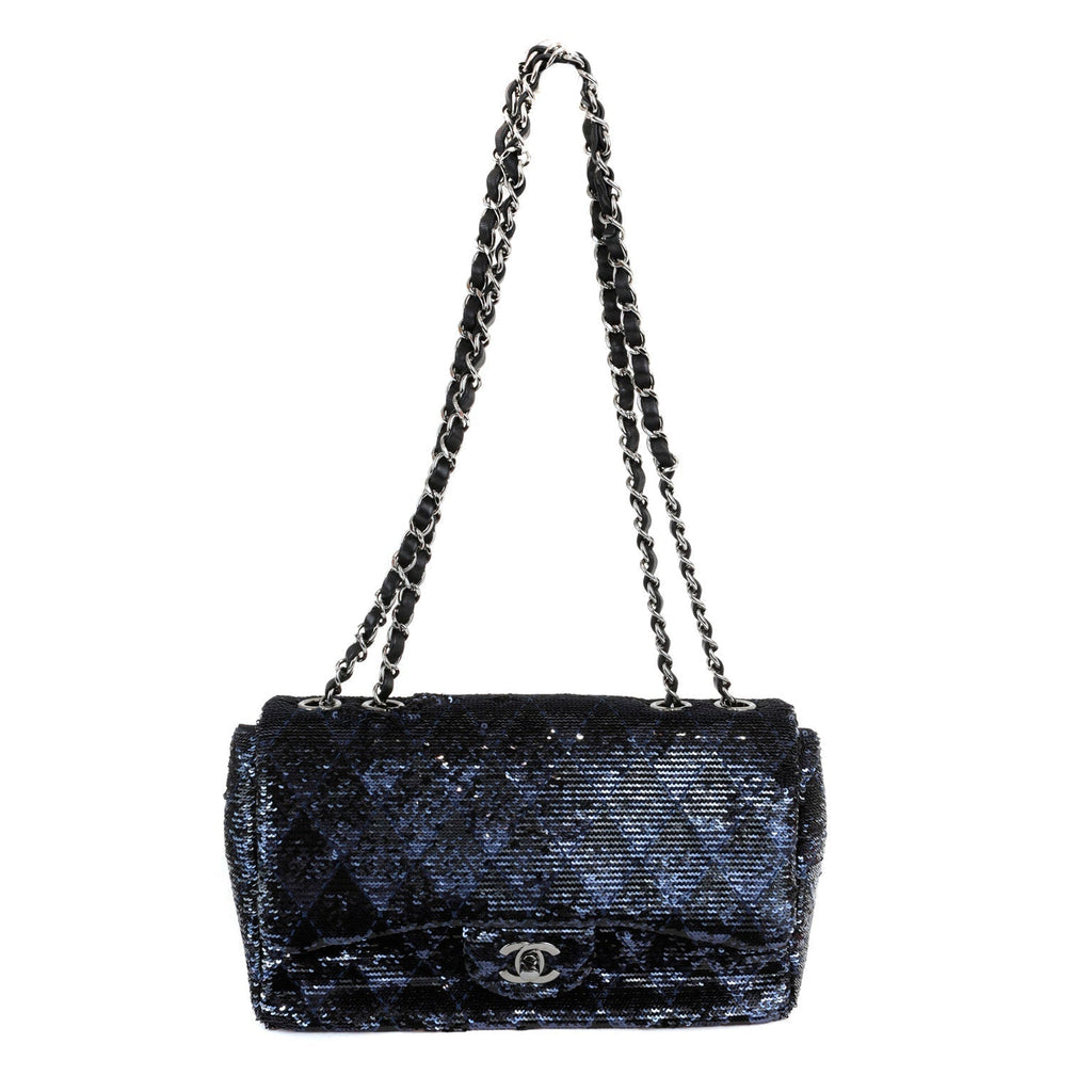 Chanel Black/Navy Sequin Classic Flap Bag w/ Silver Hardware