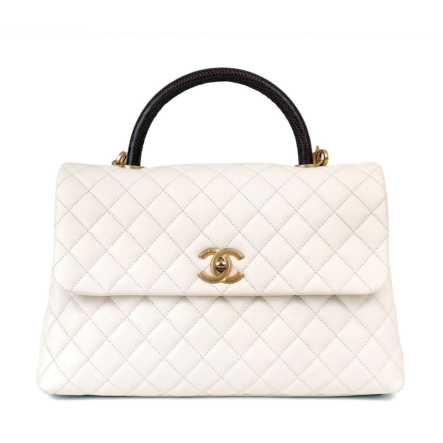 Chanel White Caviar Coco Bag w/ Lizard Skin Handle & Gold Hardware