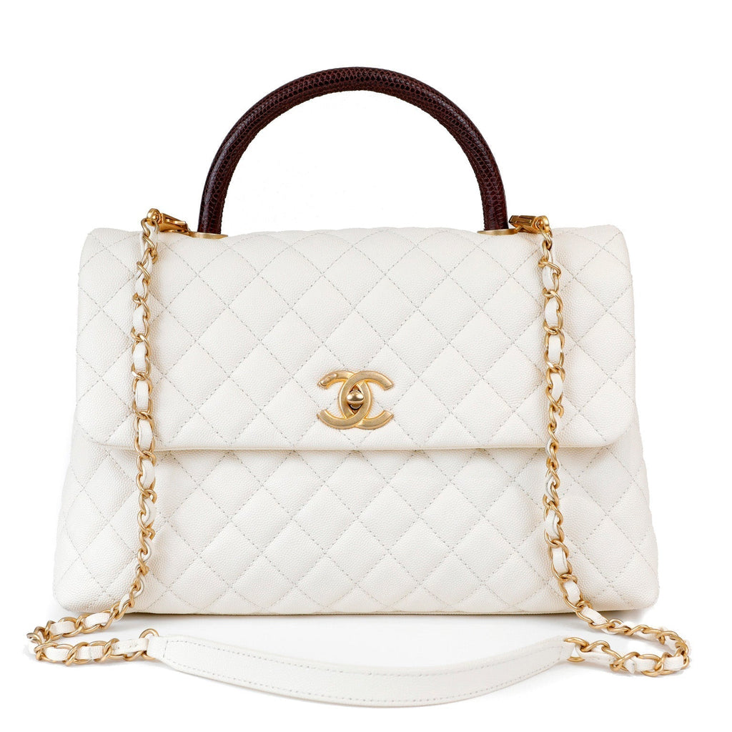 Chanel White Caviar Coco Bag w/ Lizard Skin Handle & Gold Hardware