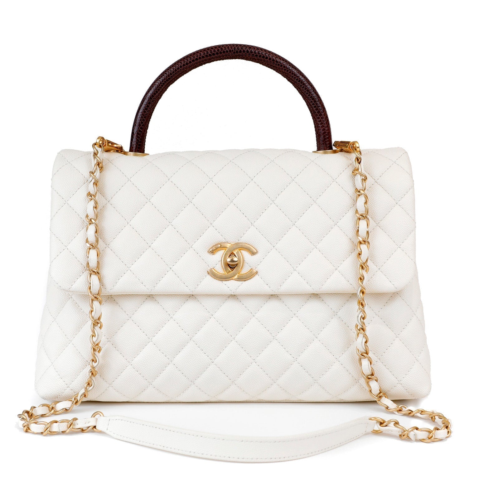 Chanel White Caviar Coco Bag w/ Lizard Skin Handle & Gold Hardware